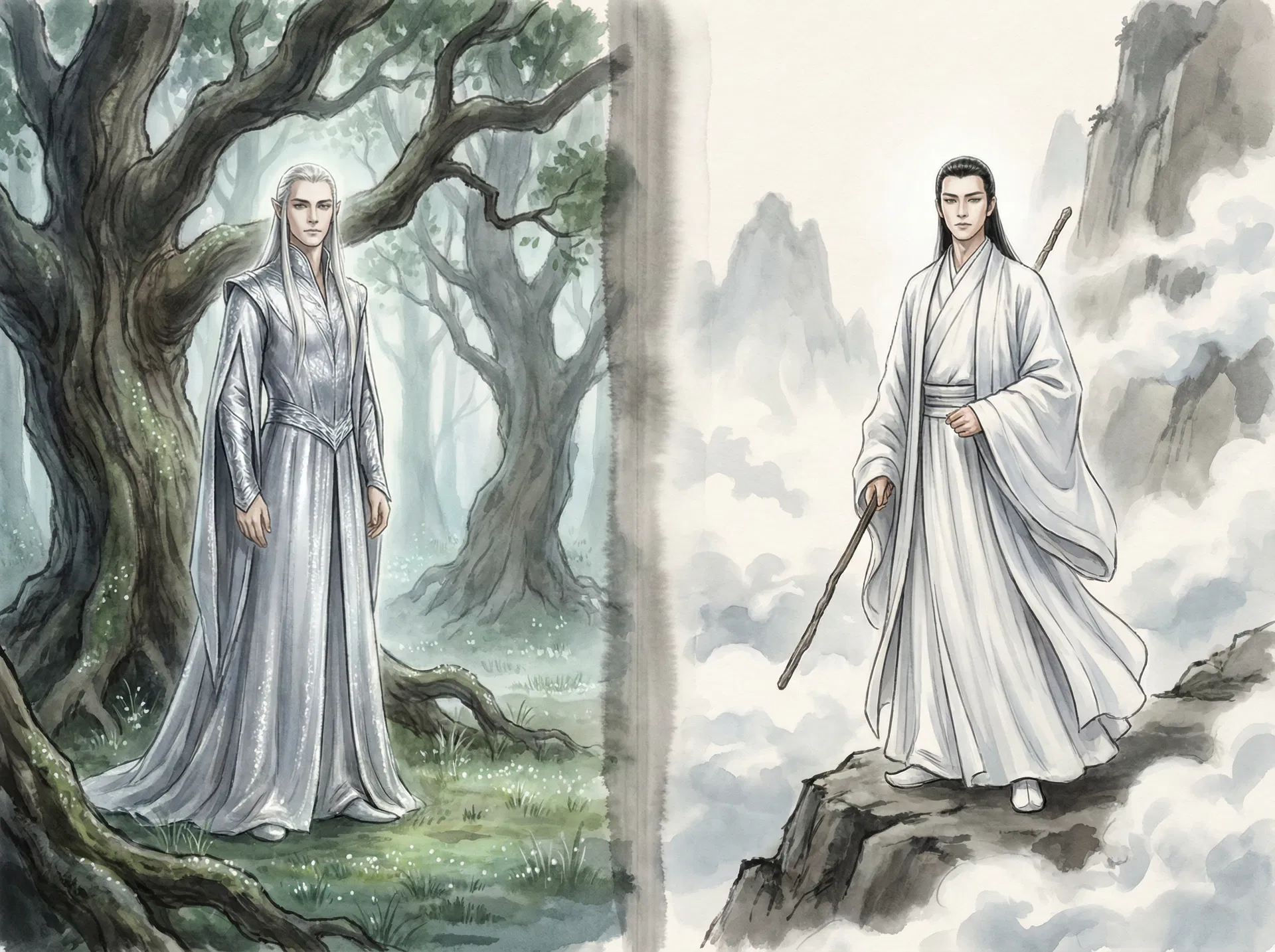 AI conceptualization of the visual parallel between a Tolkien elf and a Chinese xian immortal
