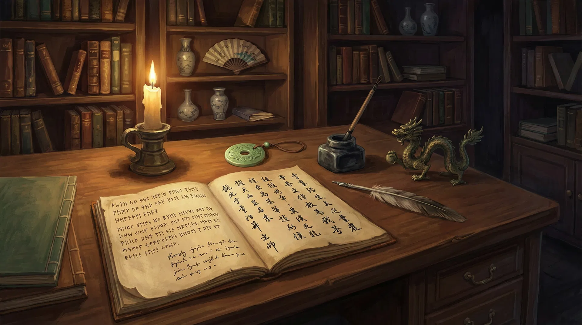 AI conceptualization of a scholar's desk with Western and Eastern manuscripts