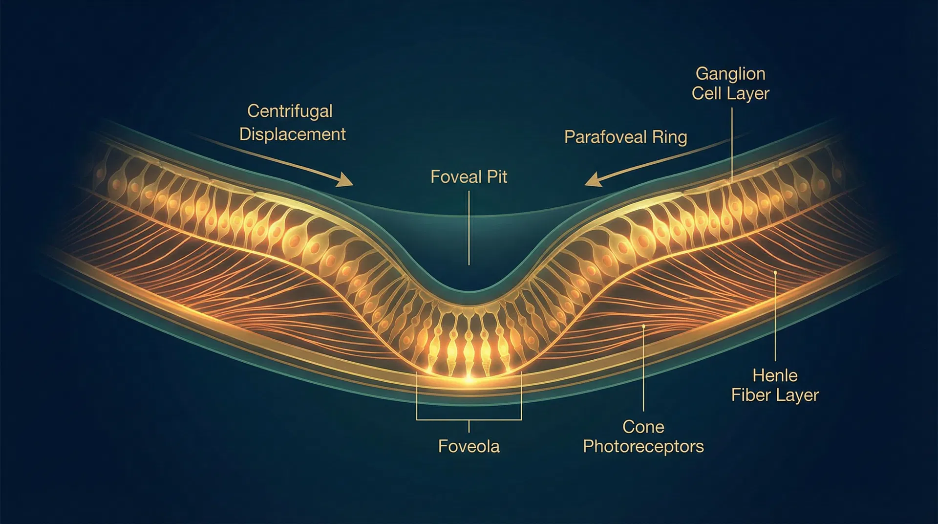 Figura 9 — Corte transversal da mácula e fóvea mostrando a depressão foveal, o deslocamento centrífugo das camadas internas, a camada de fibras de Henle e os fotorreceptores de cone na fovéola.