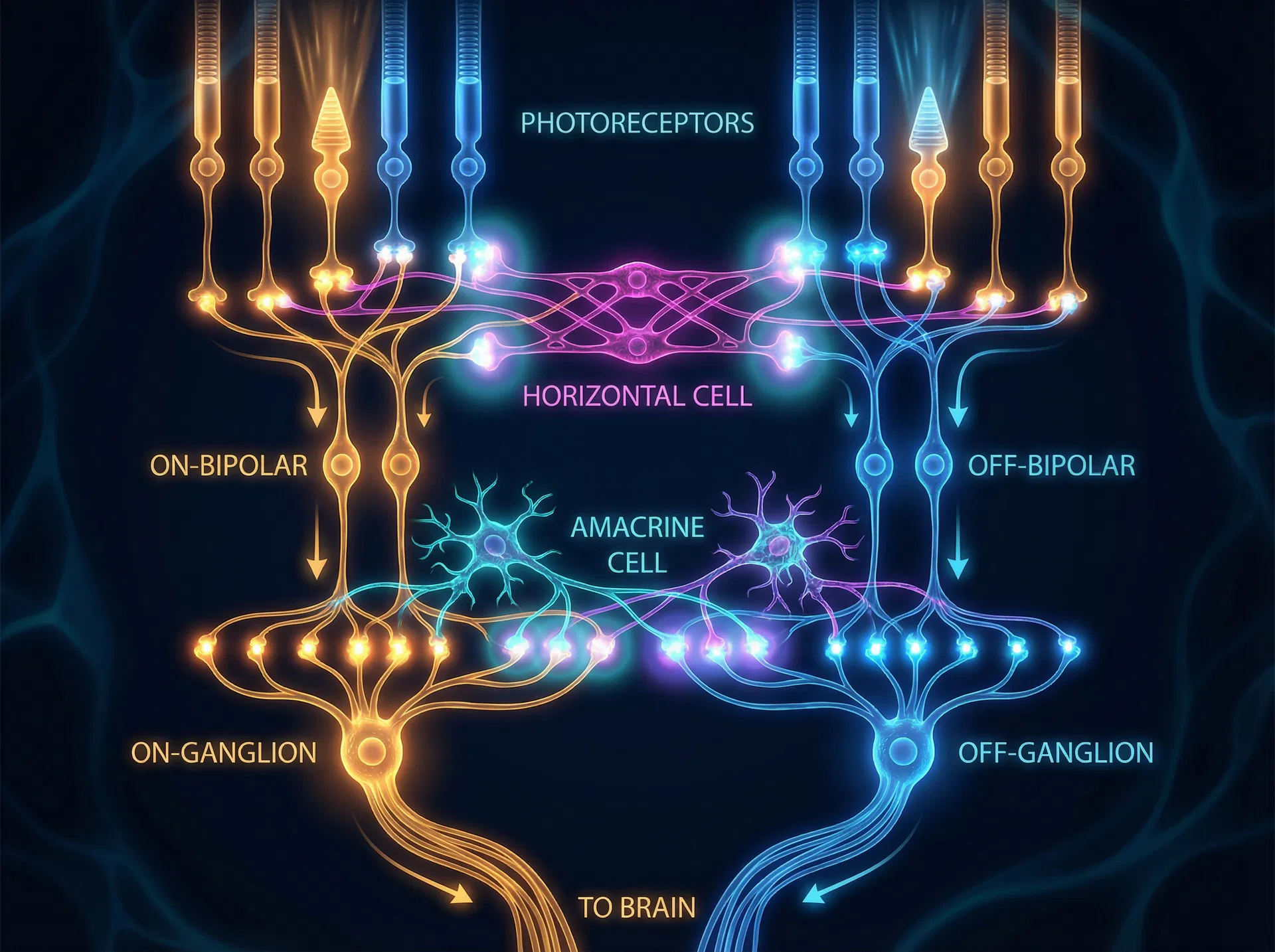 Figura 8 — Circuitos neurais da retina mostrando as vias ON (âmbar) e OFF (azul), com células horizontais e amácrinas fornecendo inibição lateral.