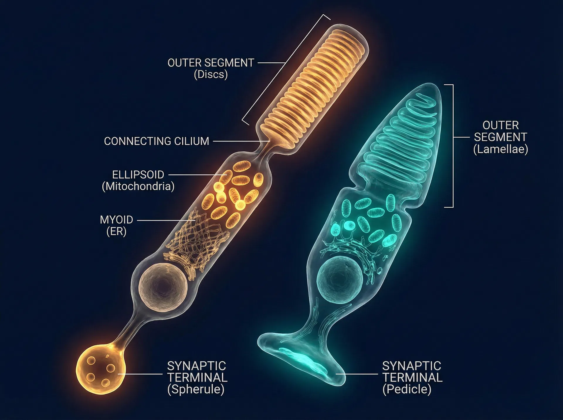 Figura 5 — Ultraestrutura comparativa de bastonete (esquerda) e cone (direita), mostrando segmento externo com discos/lamelas, cílio conector, segmento interno, núcleo e terminal sináptico.