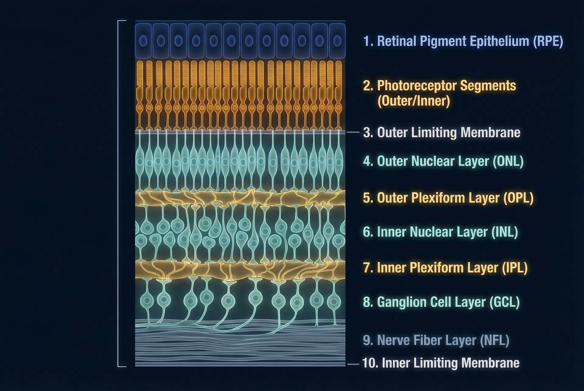 As dez camadas histológicas da retina humana