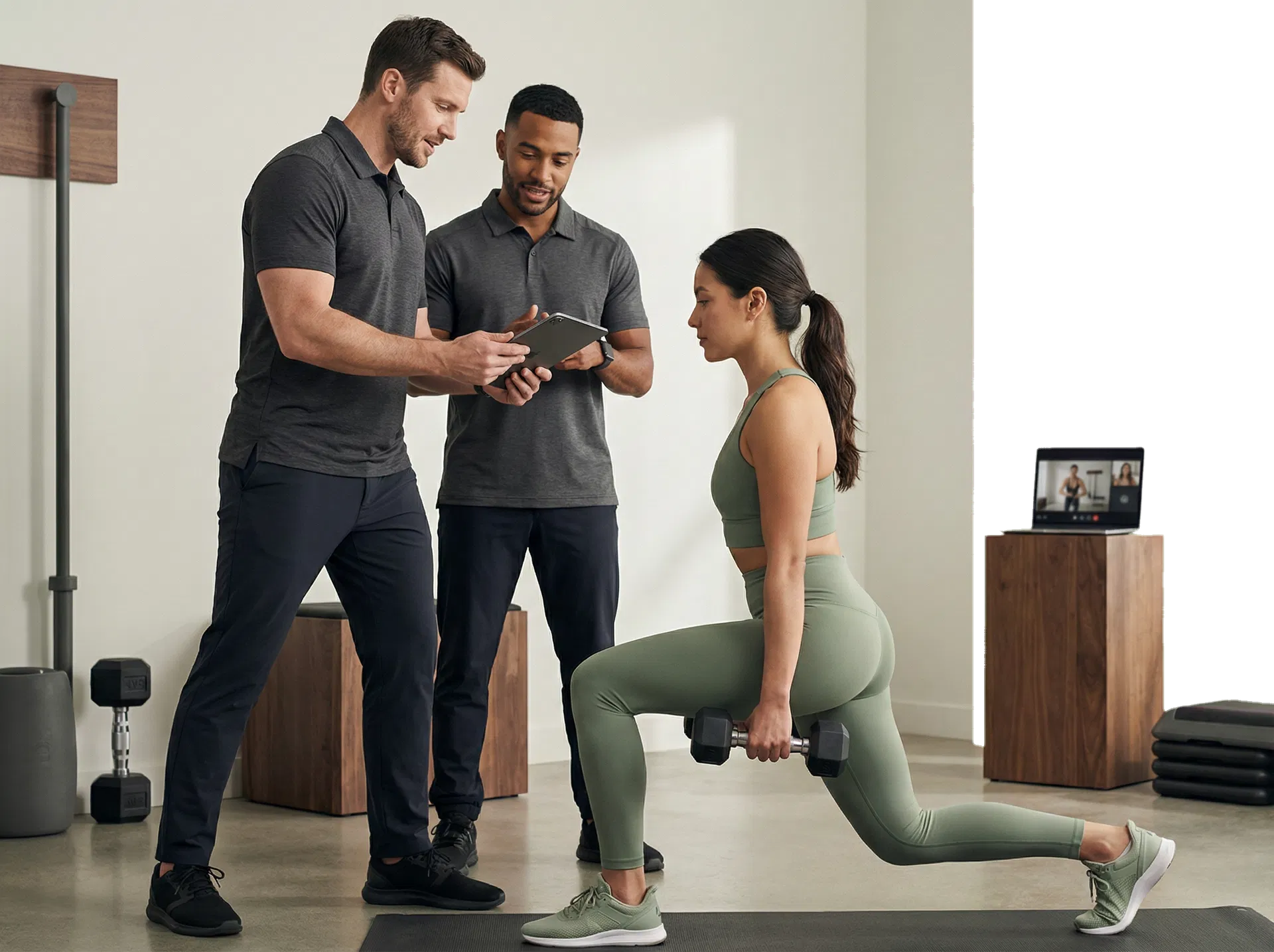 Coach supporting a client through a one-to-one training session with hybrid coaching tools nearby