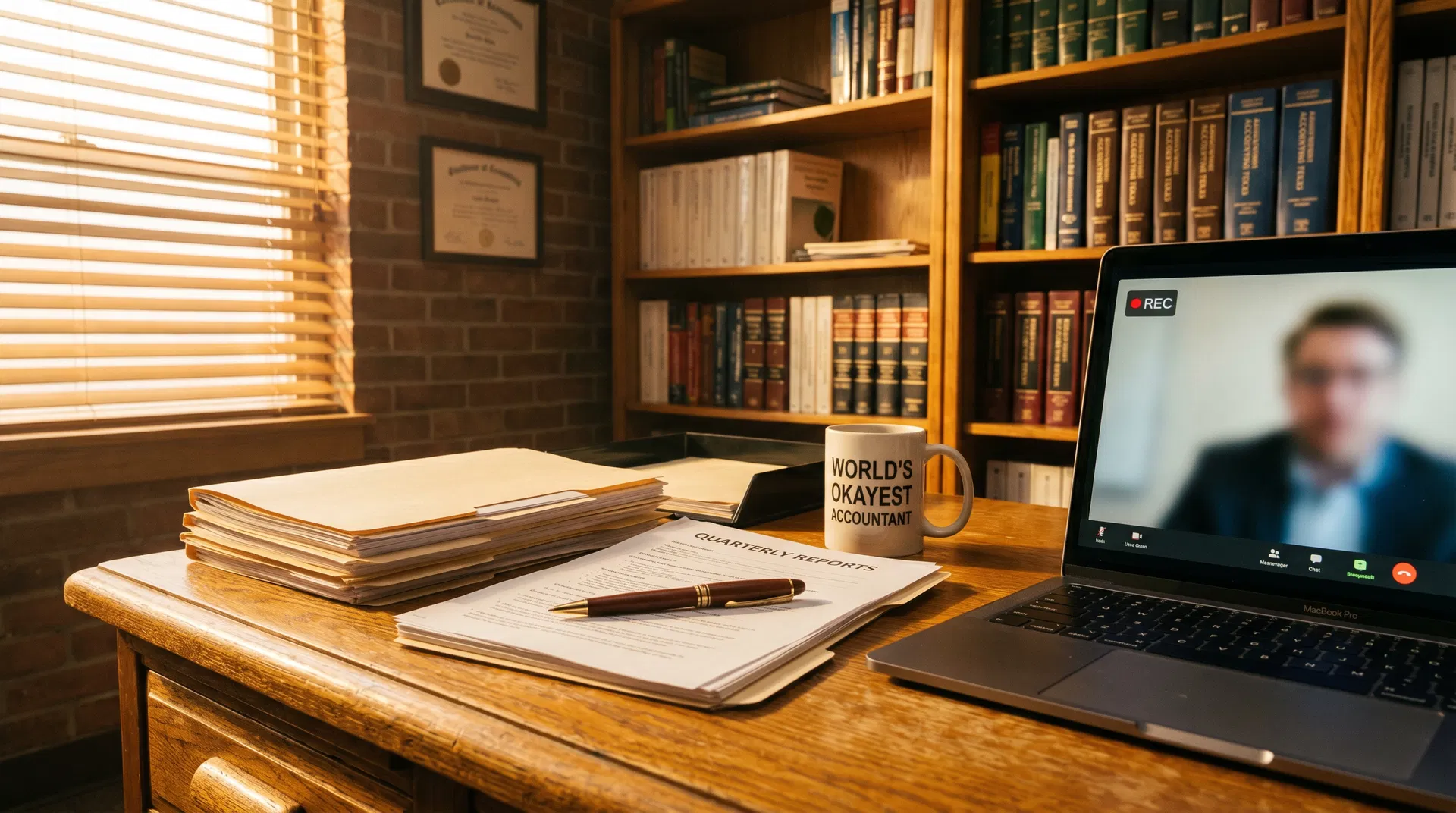 Professional office desk with financial documents, a quality pen, and a laptop — representing Bryan Warren's professional services background
