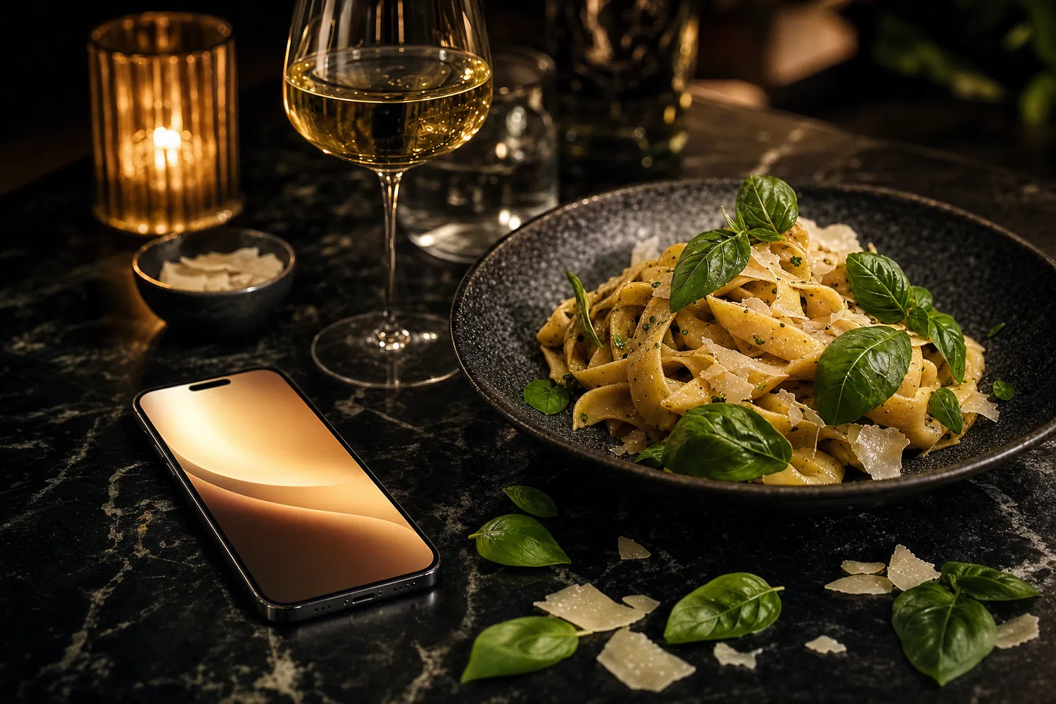 Phone next to gourmet dish