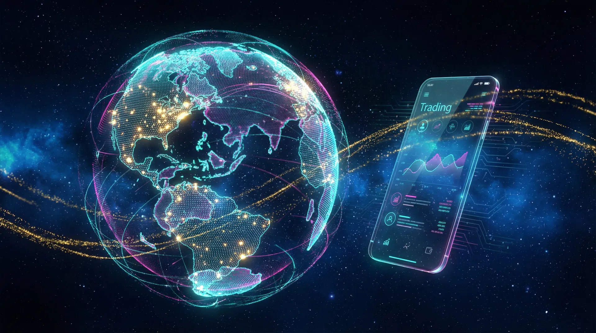 Globe numérique connecté — inclusion financière mondiale via smartphone