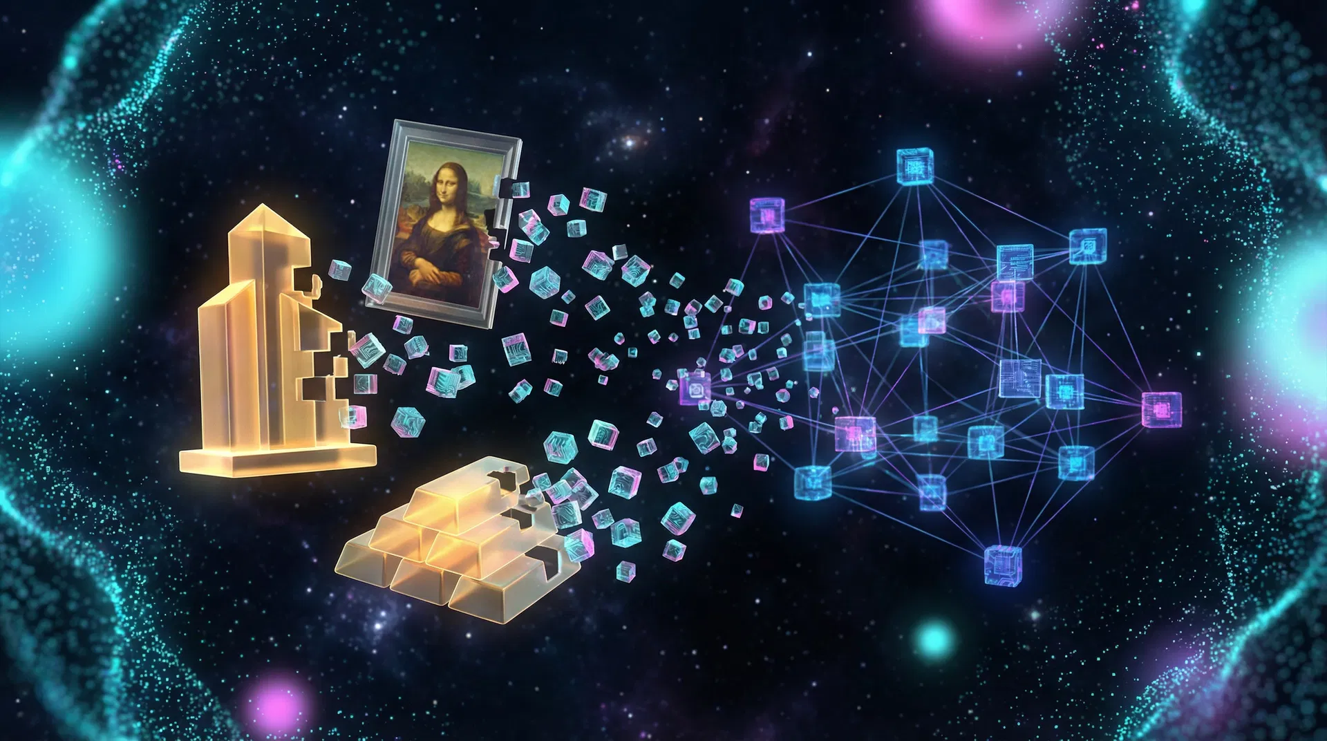 Concept de tokenisation — actifs physiques transformés en tokens numériques sur la blockchain