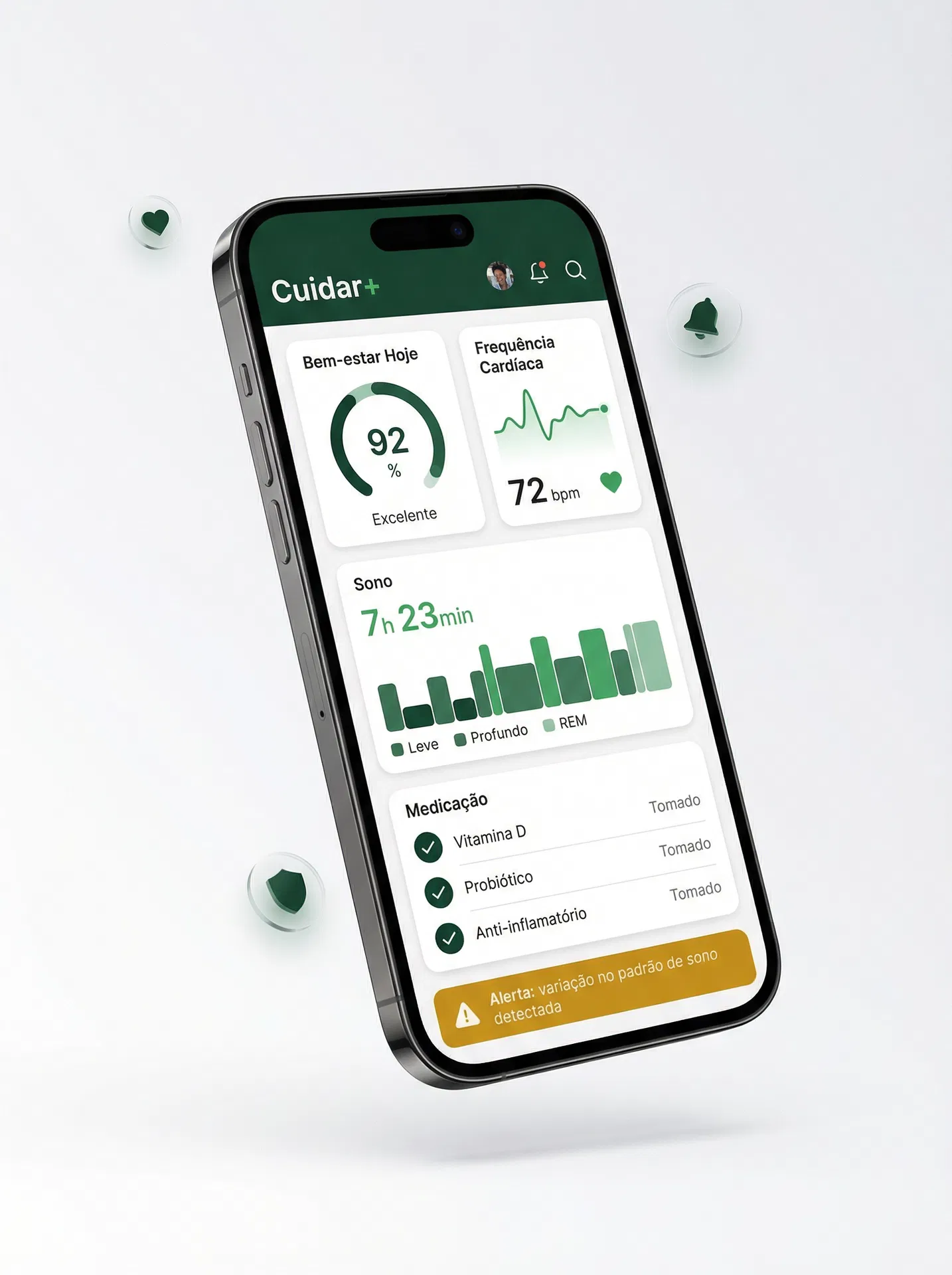 Plataforma Cuidar+ mostrando dashboard de bem-estar com frequência cardíaca, sono, medicação e alertas