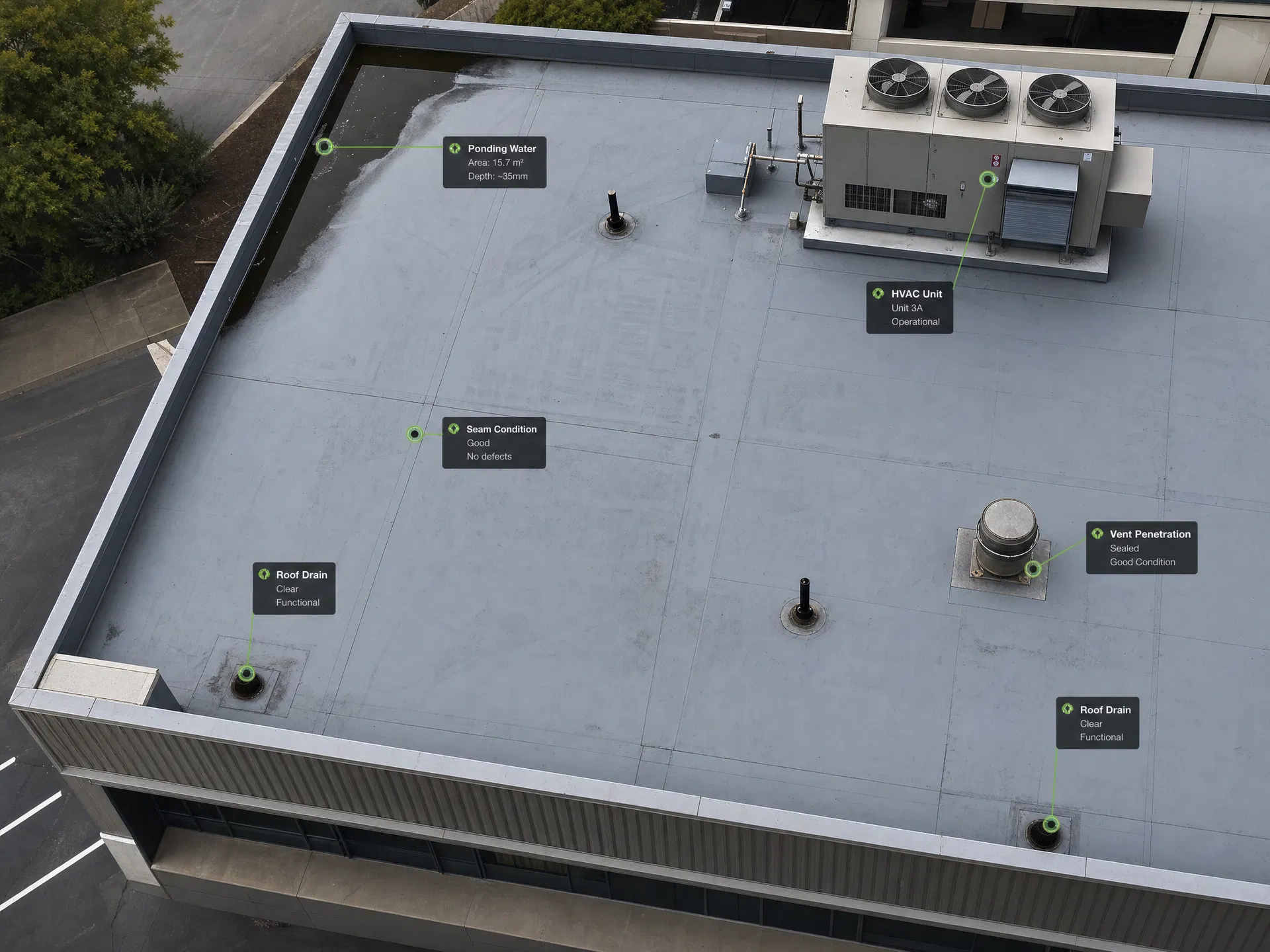 Annotated drone roof survey showing inspection findings