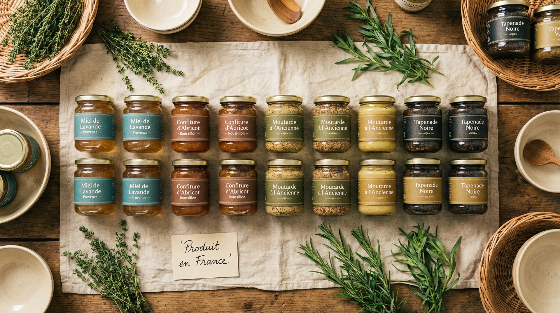 Ballancourt Fine Foods artisan product range laid out on linen