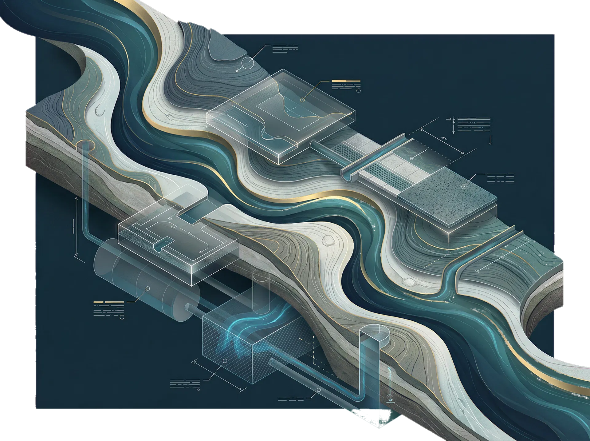 Abstract flow artwork suggesting SuDS, landform layers and underground water movement