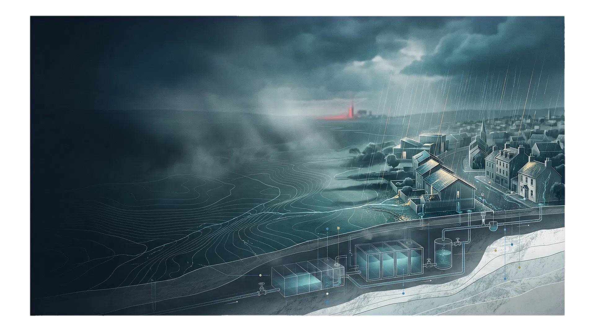 Illustrated view of a British neighbourhood, rainfall, topographic mapping and underground water infrastructure