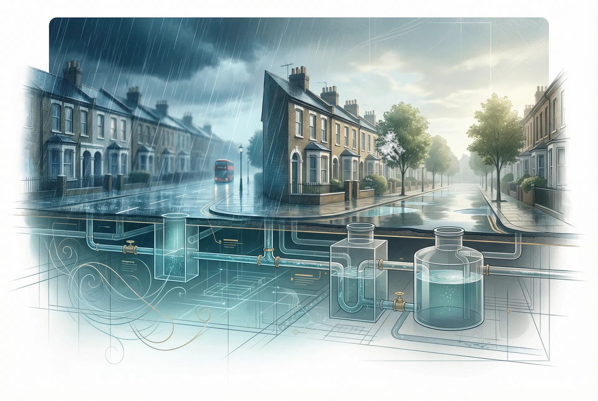 Illustrated British street scene showing heavy rain, calm recovery and underground water infrastructure