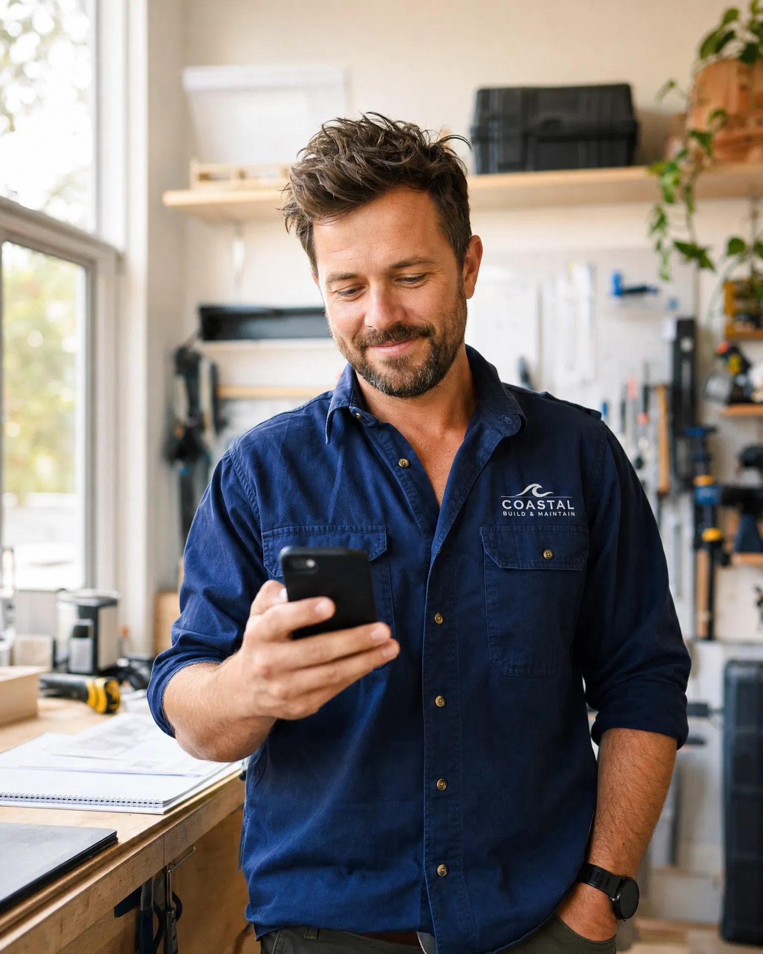 Small business owner managing their phone with Vereo
