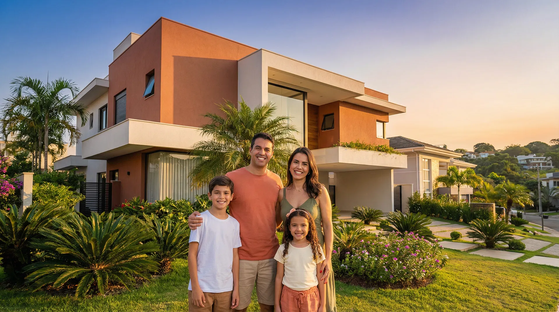 Família feliz em frente à casa nova
