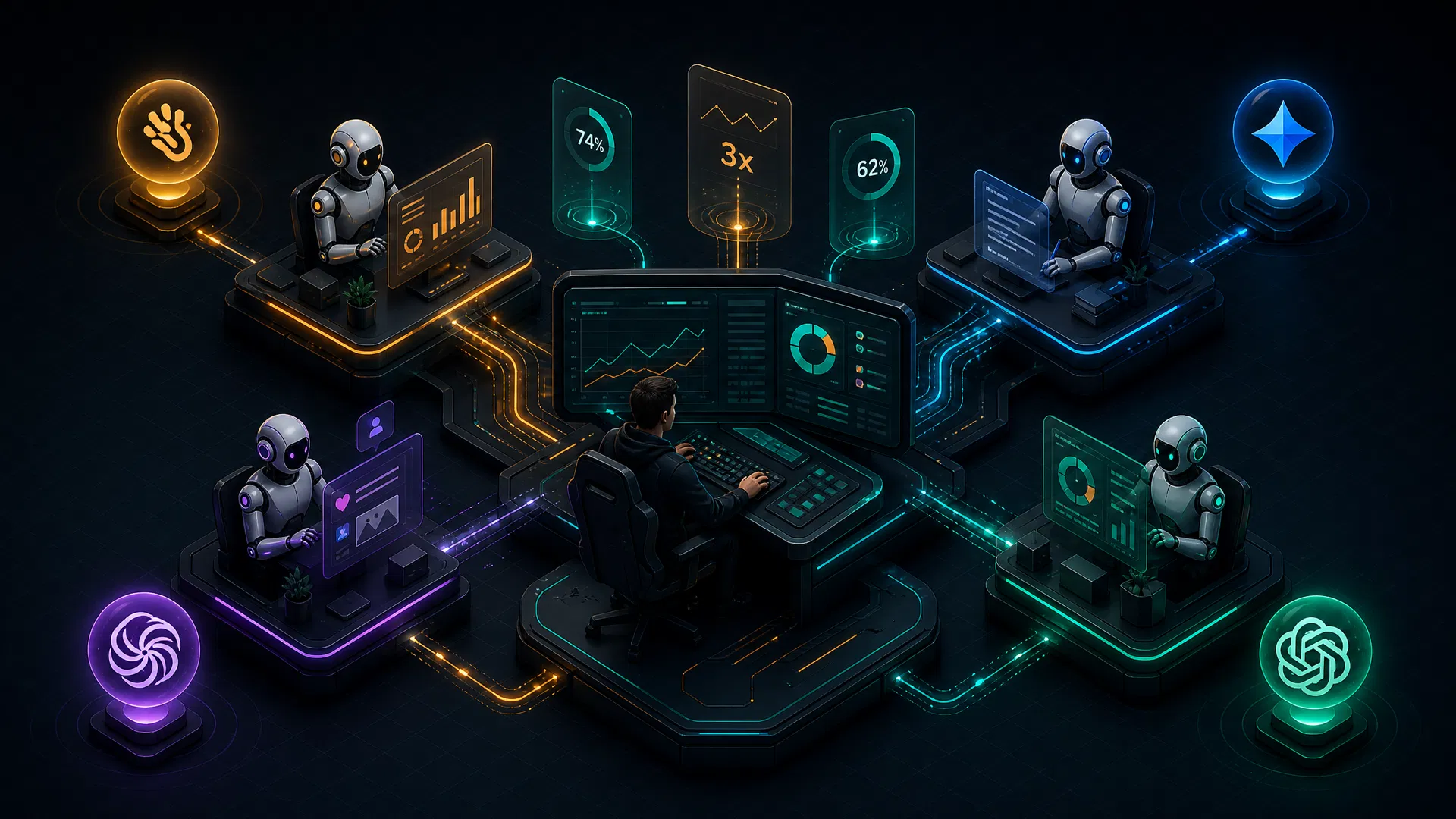 AI tools comparison for B2B marketing: Manus, Gemini Enterprise, Claude, and ChatGPT agentic AI systems orchestrated for lead generation, AEO content, and GTM automation