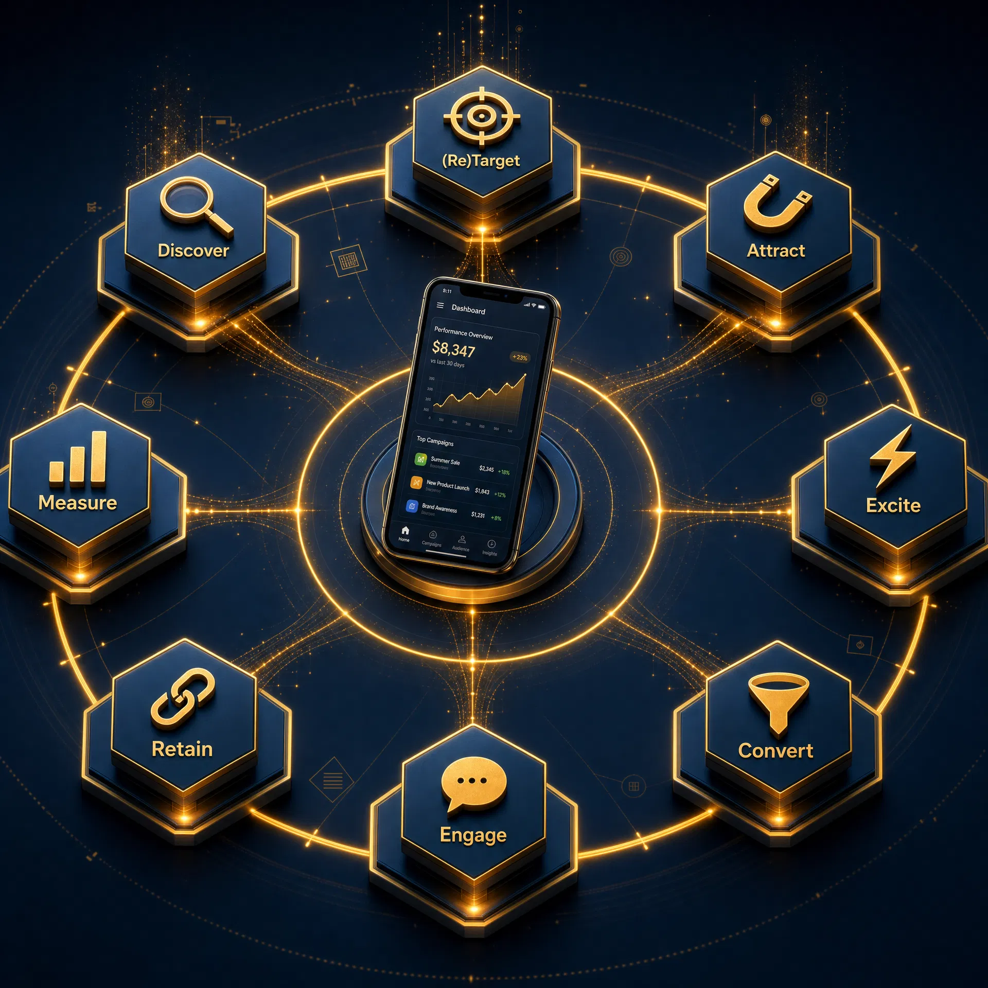 The ReTarget circular B2B marketing framework by Integrated.Social: Target, Attract, Excite, Convert, Engage, Retain, Measure, Discover, used for agentic AI and AEO-led growth strategies