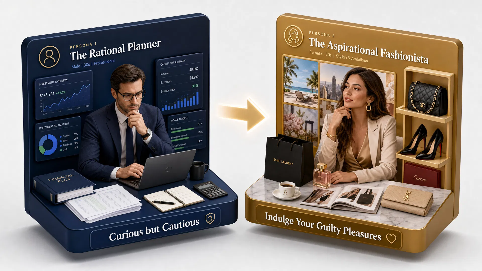 B2B persona intelligence framework: buyer persona mapping for FinTech app, identifying Rational Planner and Aspirational Fashionista segments for targeted AI marketing campaigns