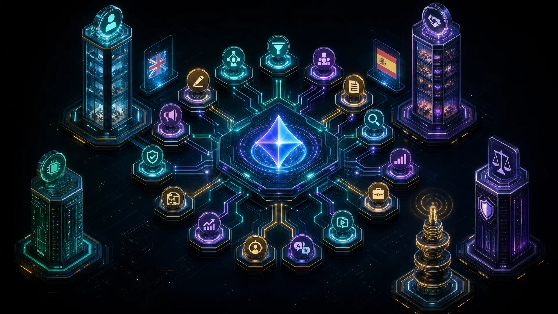 Agentic AI GTM orchestration, 3D isometric illustration