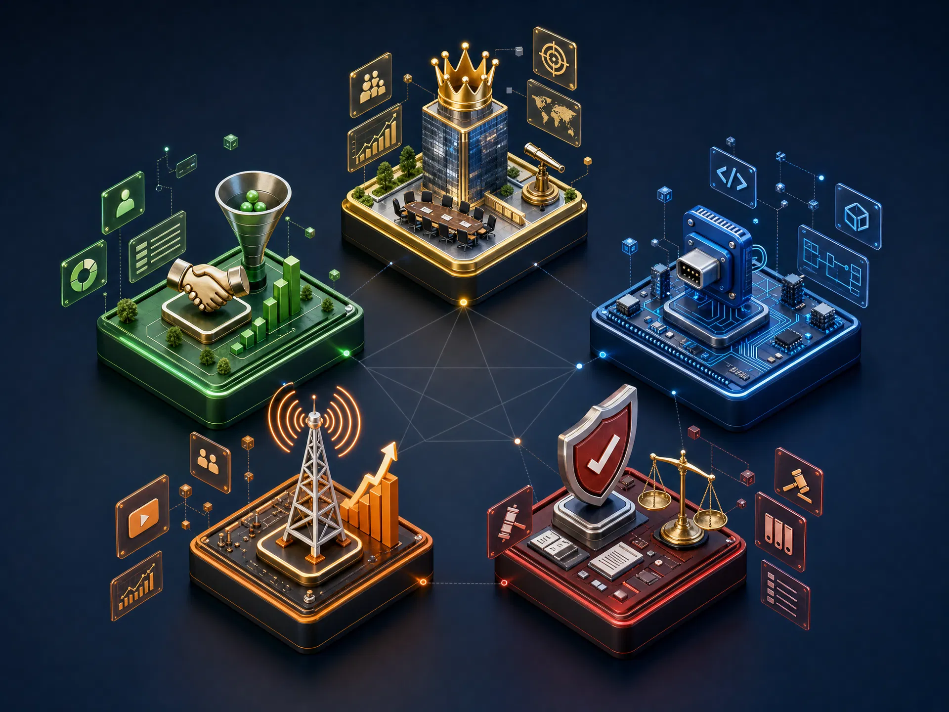B2B buying committee mapping: five decision-maker personas (CEO, Commercial, Technical, Media/Growth, Compliance/Legal) targeted by agentic AI for account-based marketing