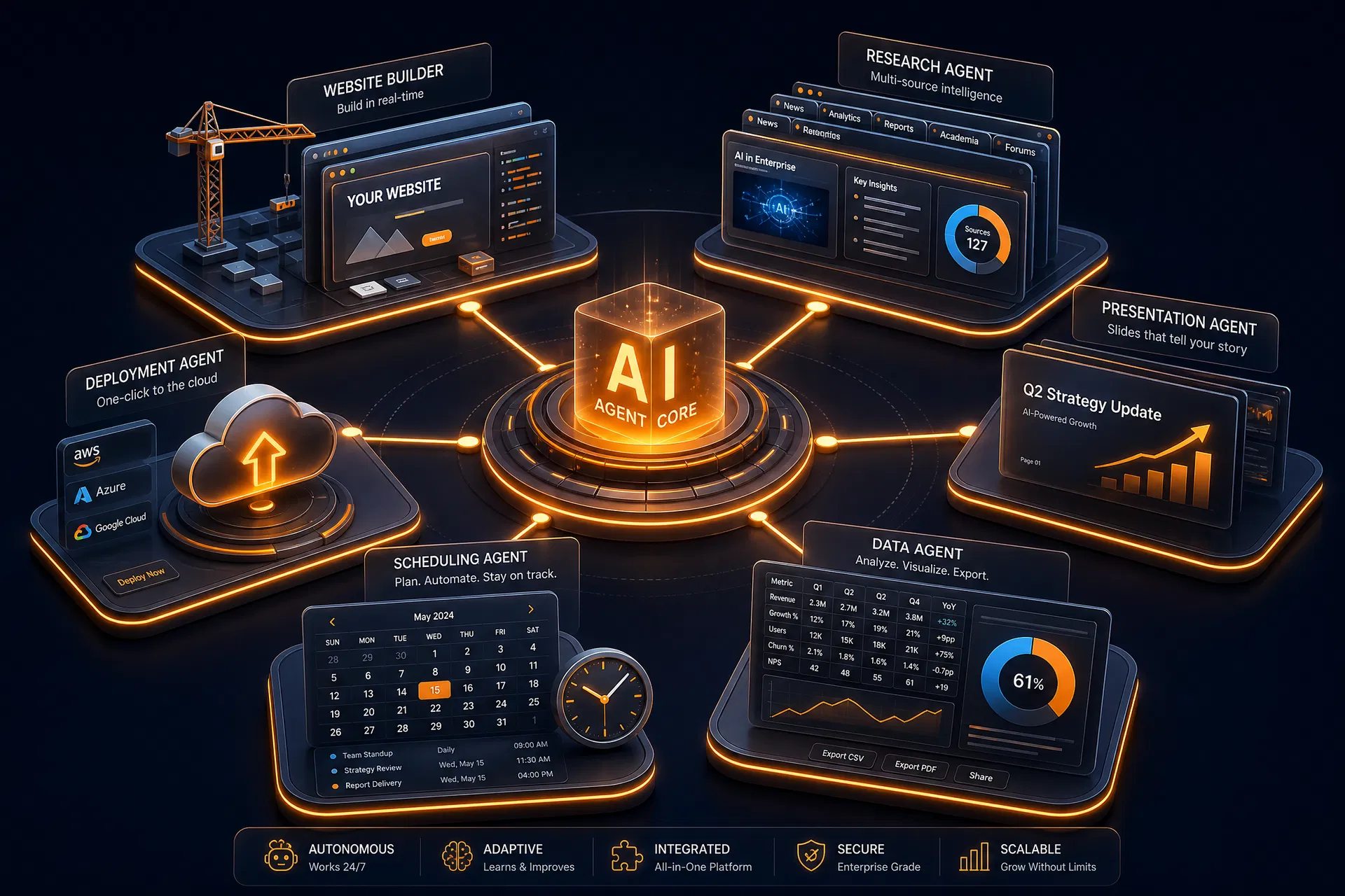 Manus Pro Features Hub, Website Builder, Research Agent, Data Agent, Scheduling, Deployment, and Presentations all connected to a central AI core