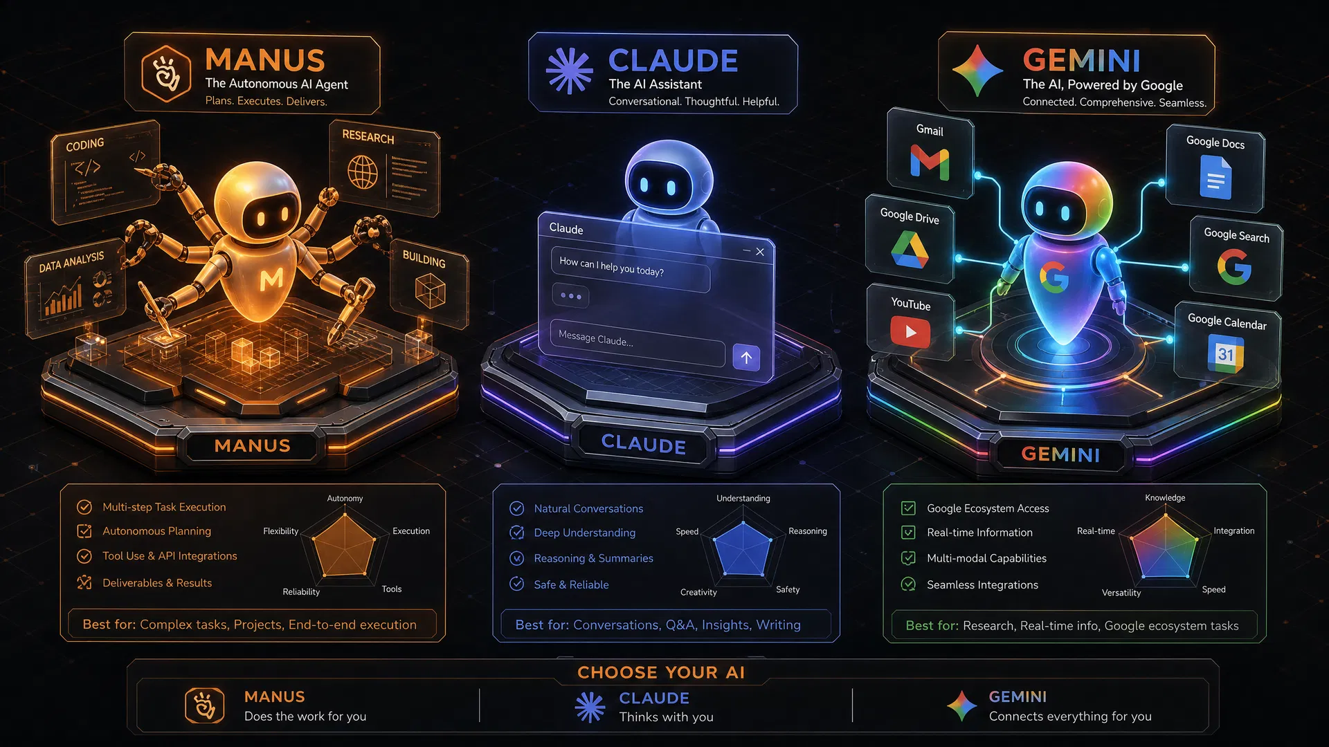 Side-by-side comparison of Manus (autonomous agent), Claude (conversational assistant), and Gemini (Google-integrated AI)