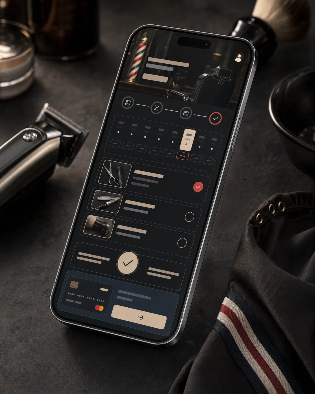 A barber-clean mobile app interface preview on a phone beside barber tools