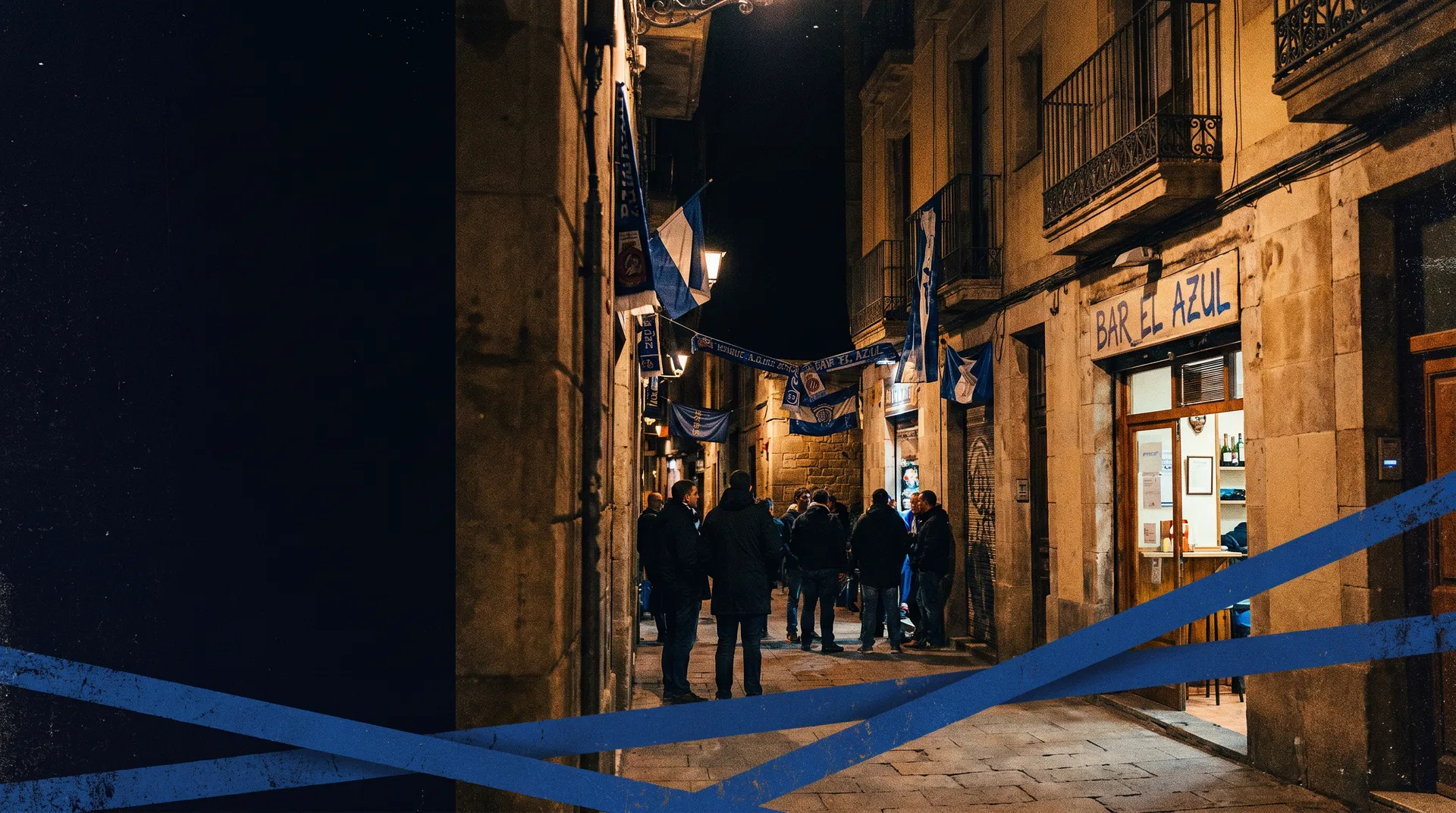 Blue-and-white supporters gathering on a Barcelona street at night