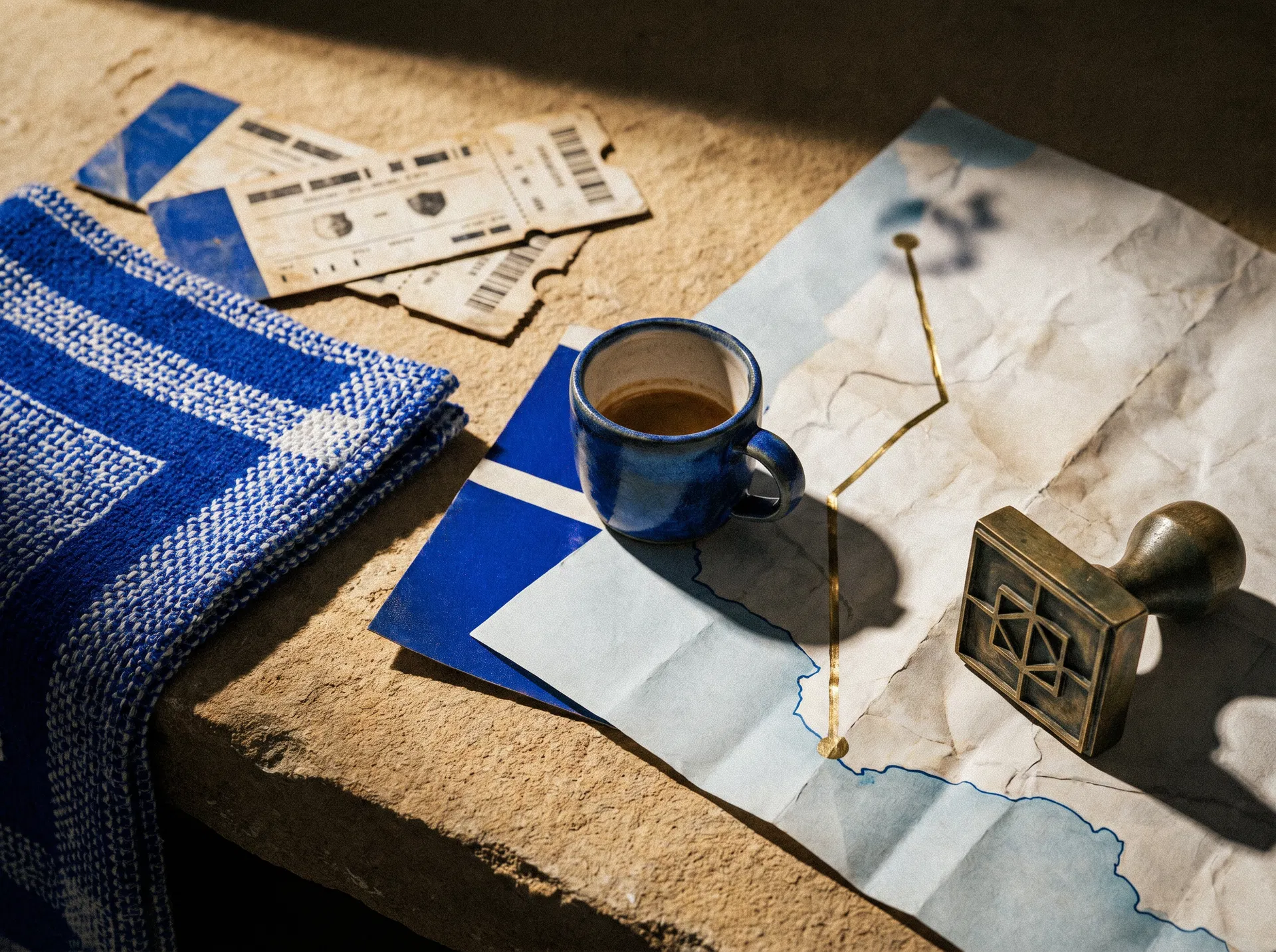 Membership still life with blue-white scarf, tickets, espresso, and map