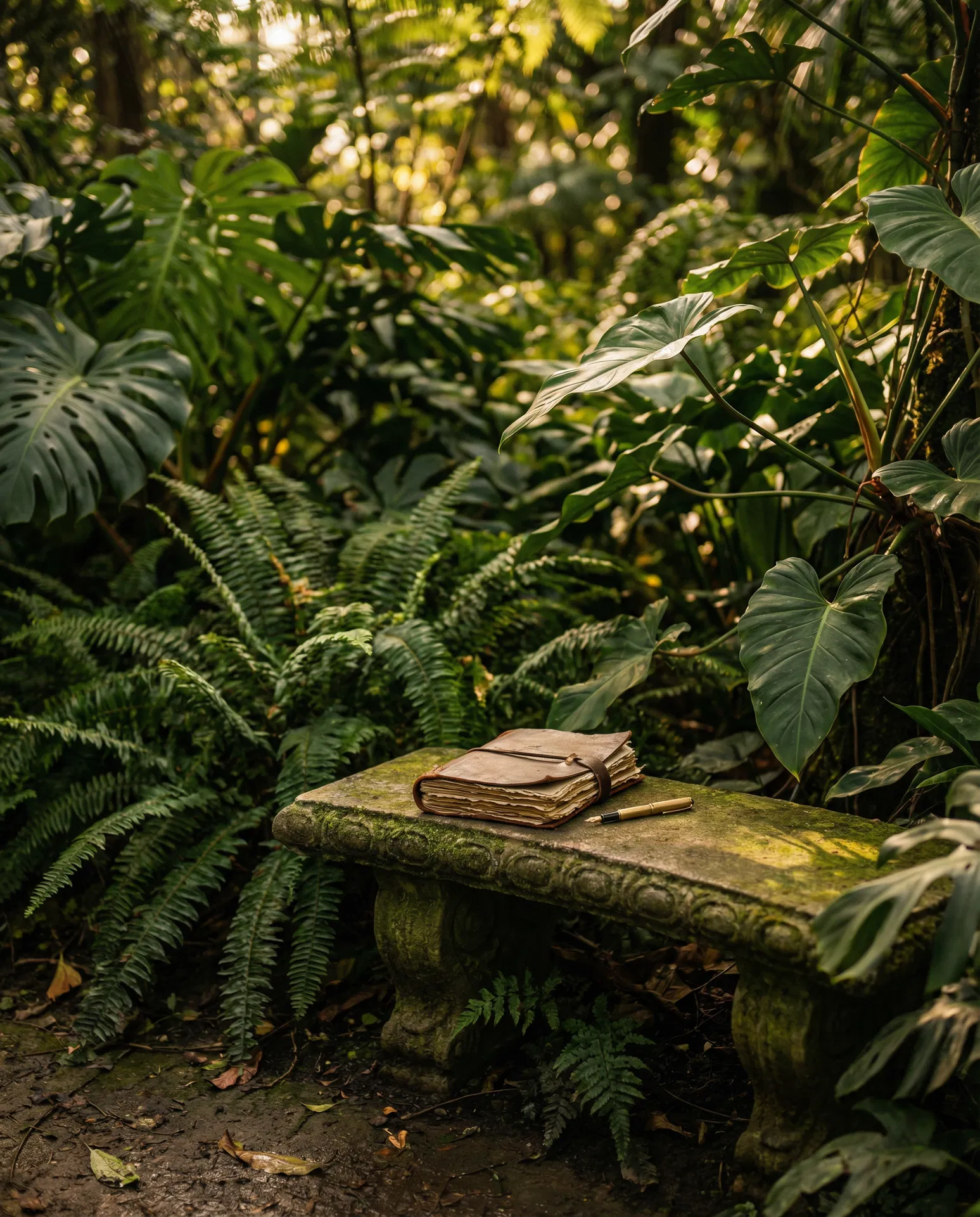 A leather journal resting on a mossy stone in a lush botanical garden