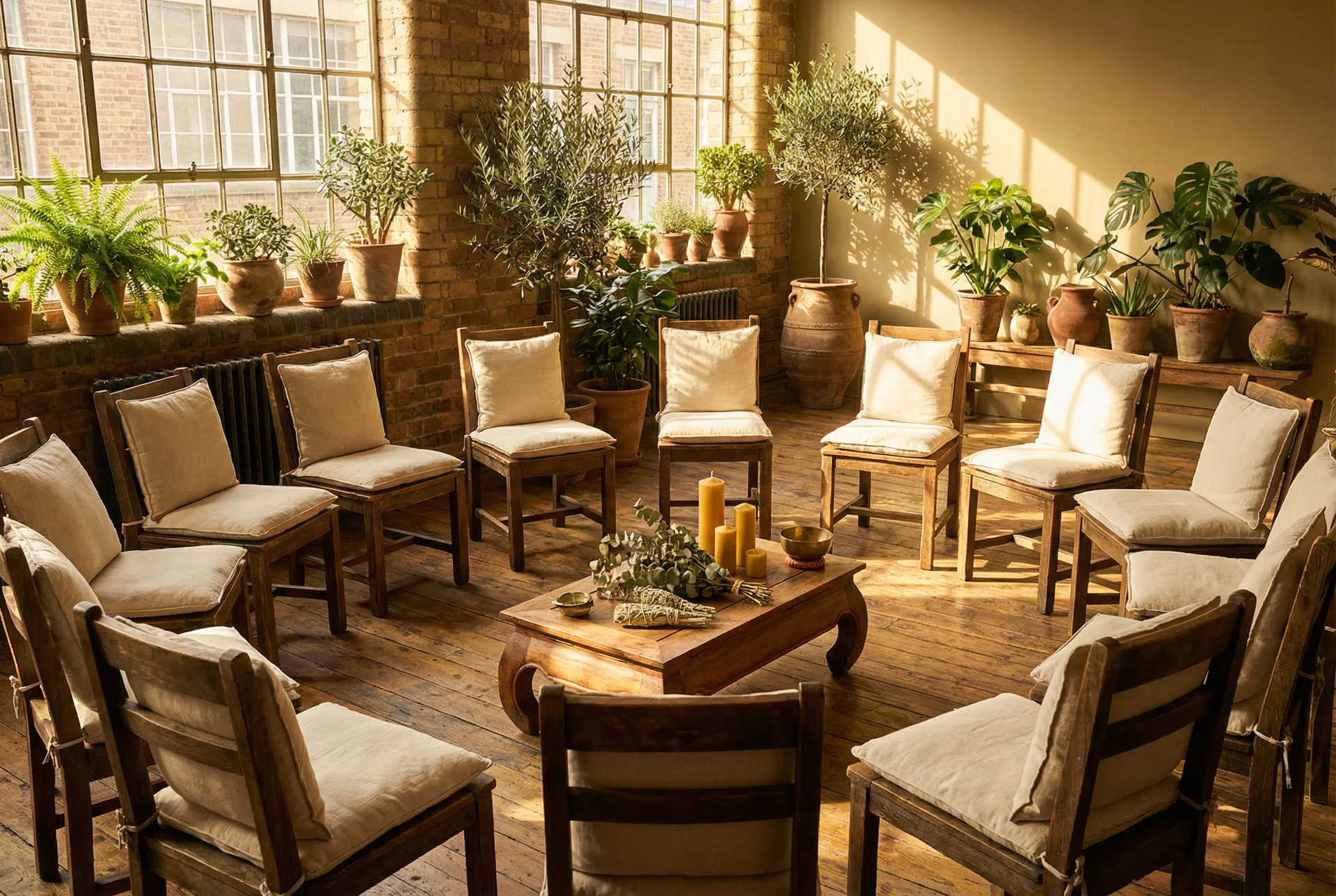 Warm gathering space with wooden chairs in a circle, botanical plants, and candlelight