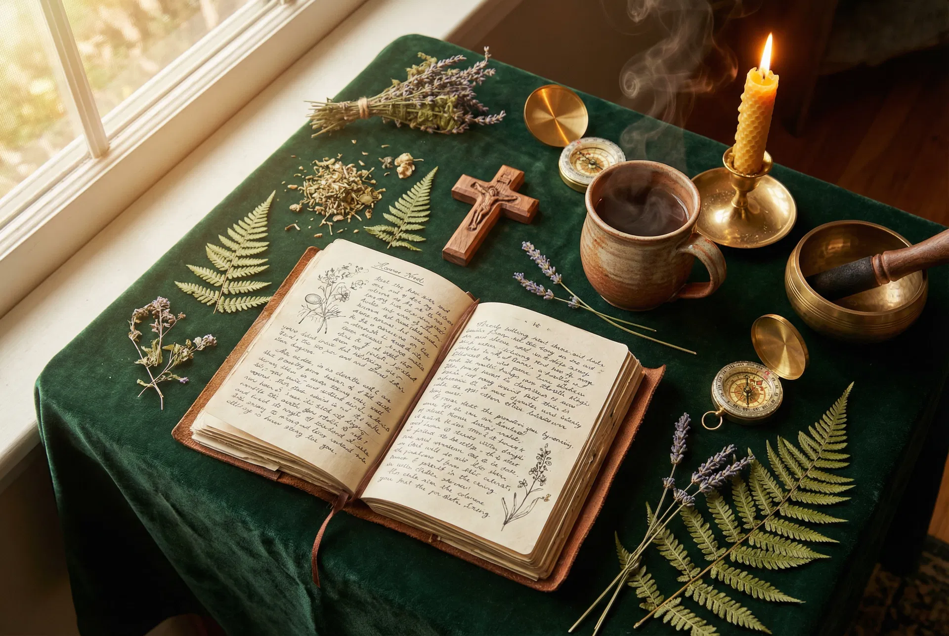 Sacred practice space with journal, cross, botanical herbs, and candlelight