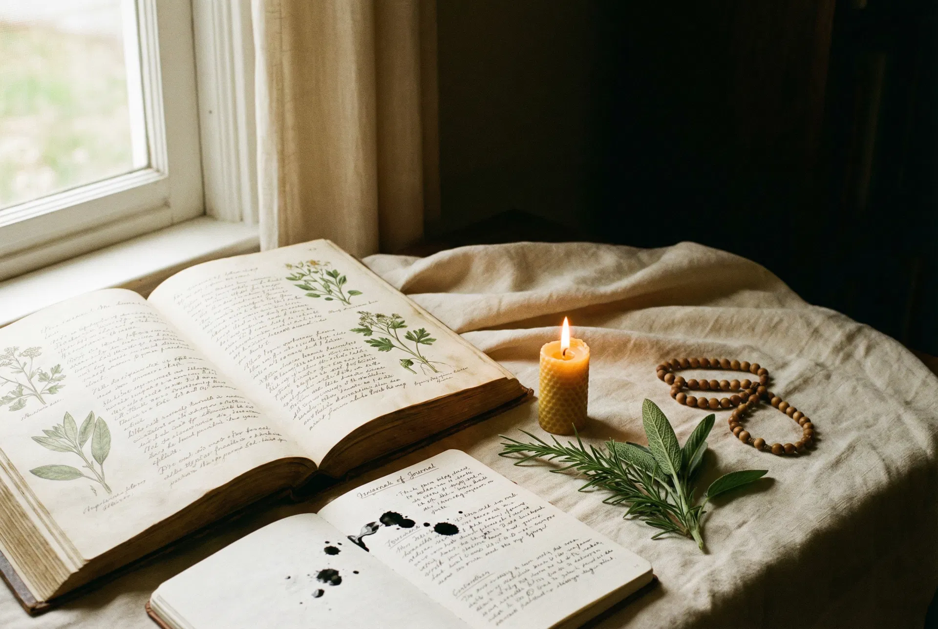 Open book with botanical notes, candle, and rosary