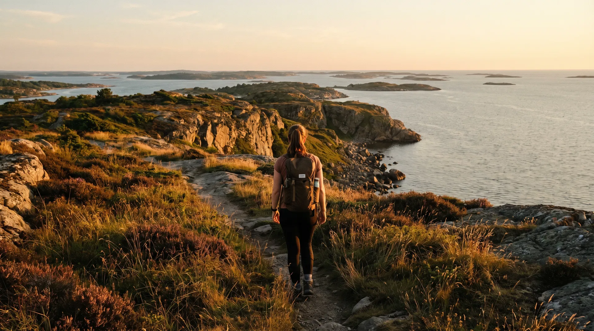 Hiking along the Scandinavian coast at sunset