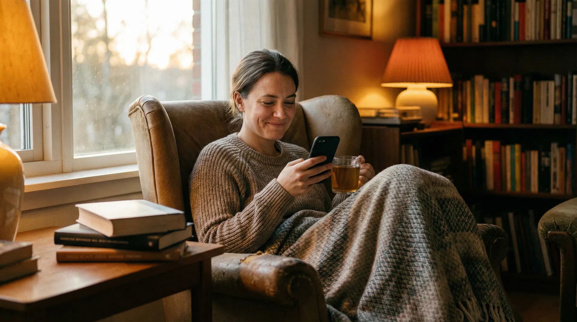 Someone checking their phone with warm anticipation