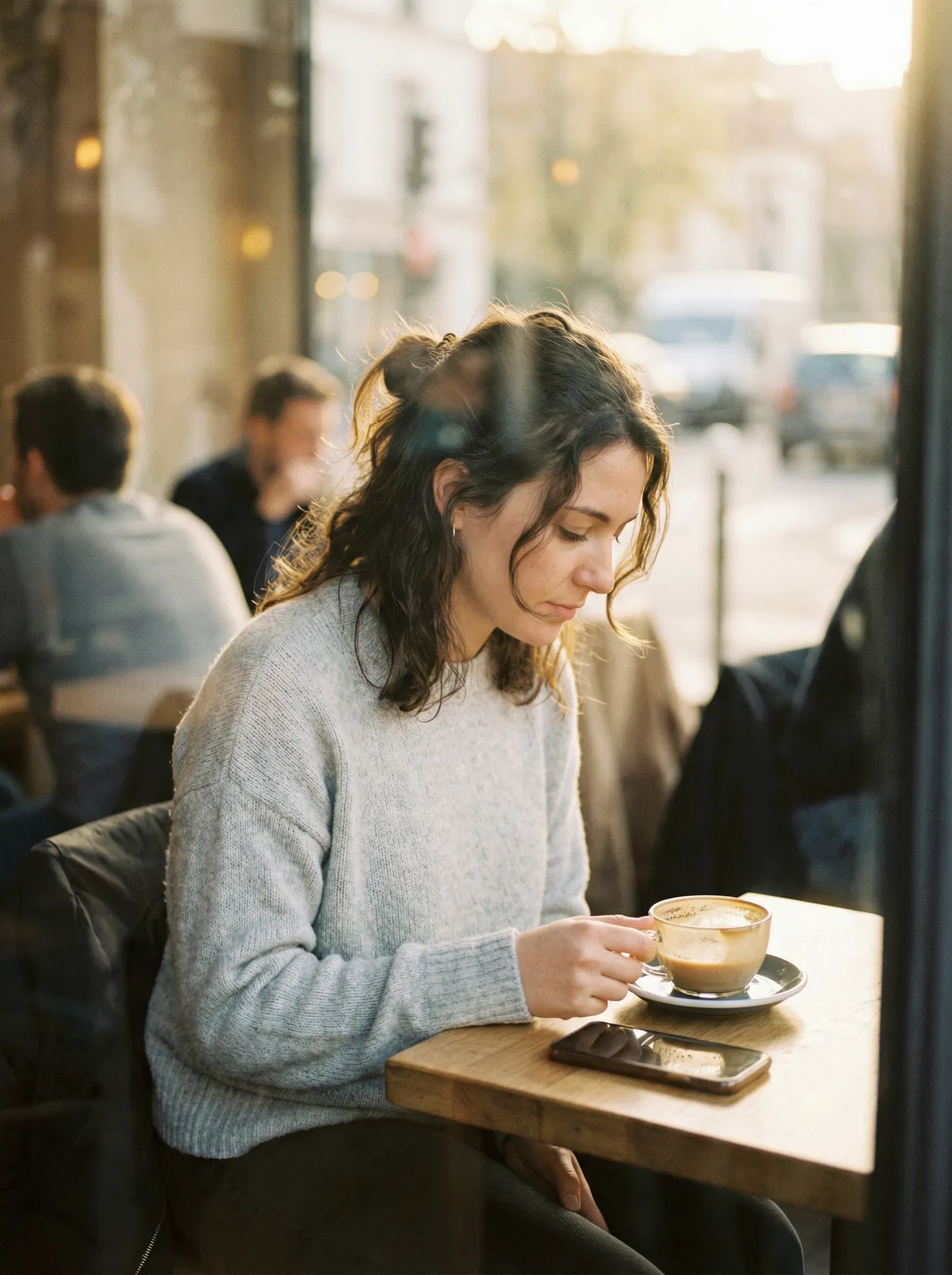 A person sitting quietly at a café, thoughtful