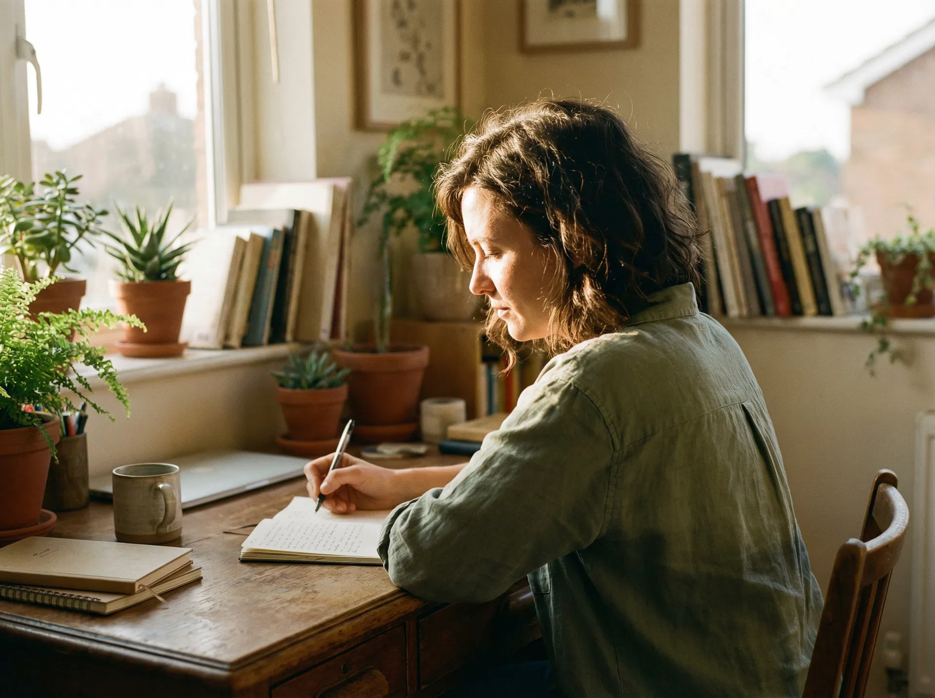 Penny Shepherd writing at her desk — TranquiLove founder