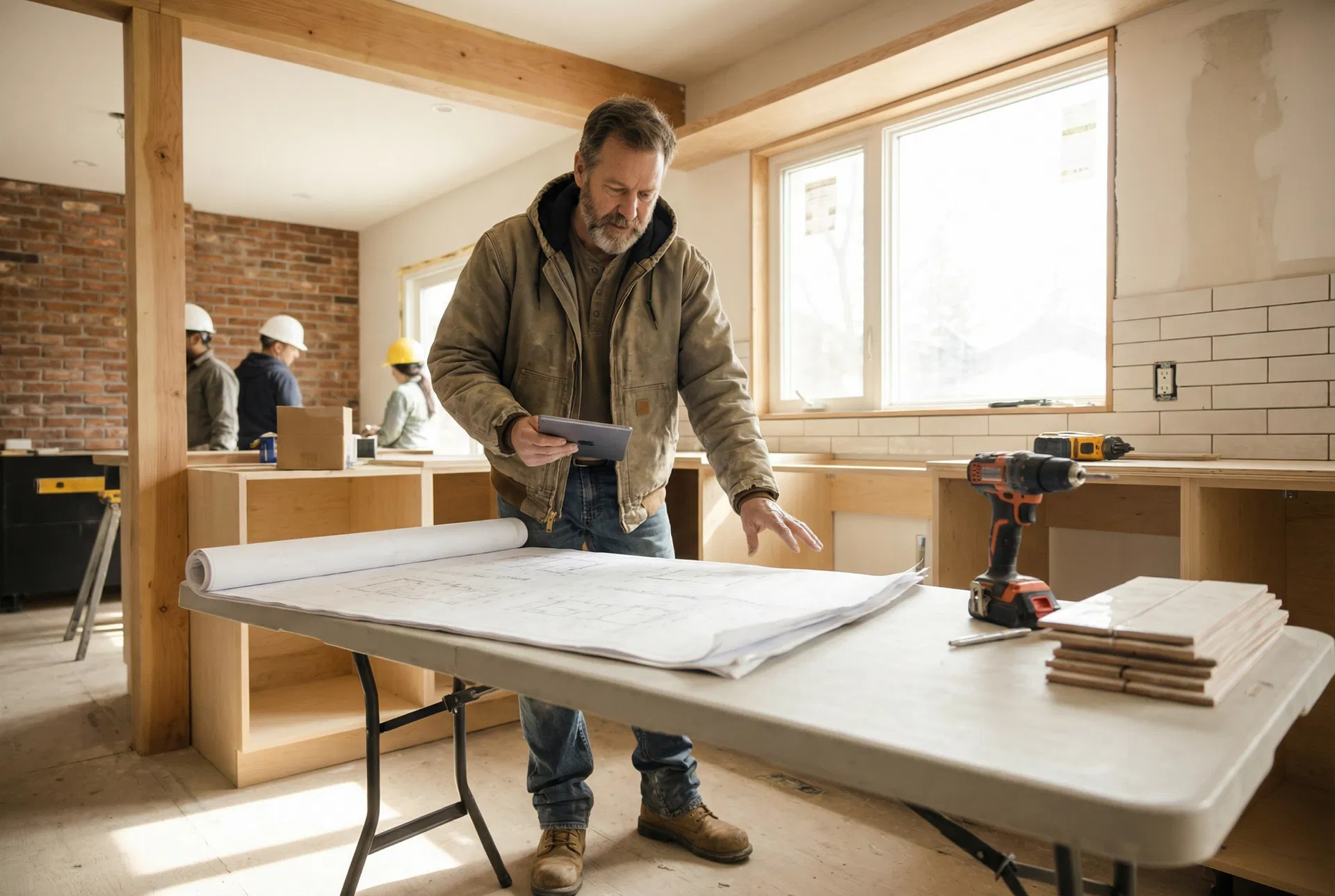 Contractor reviewing blueprints