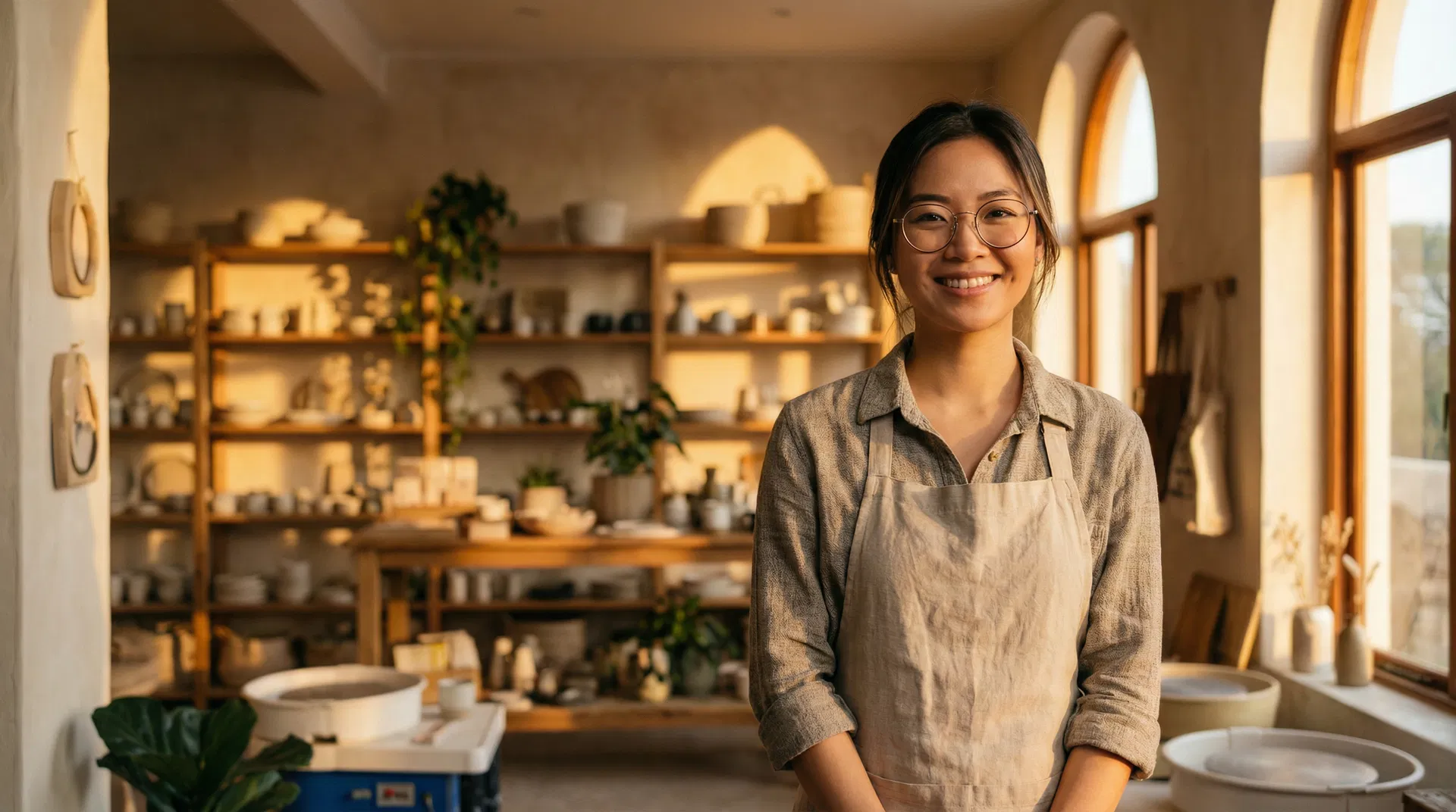 Small business owner smiling in her pottery studio