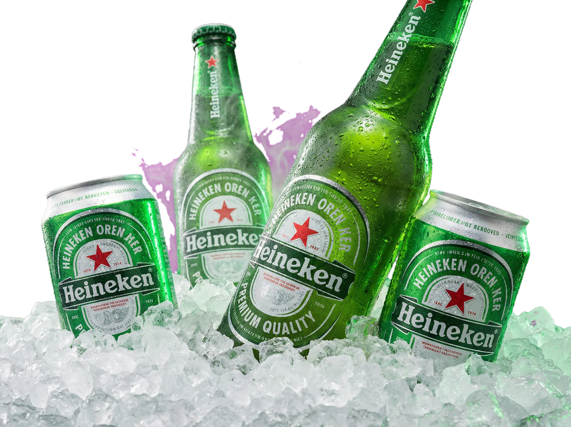 Latas e garrafas de Heineken no gelo
