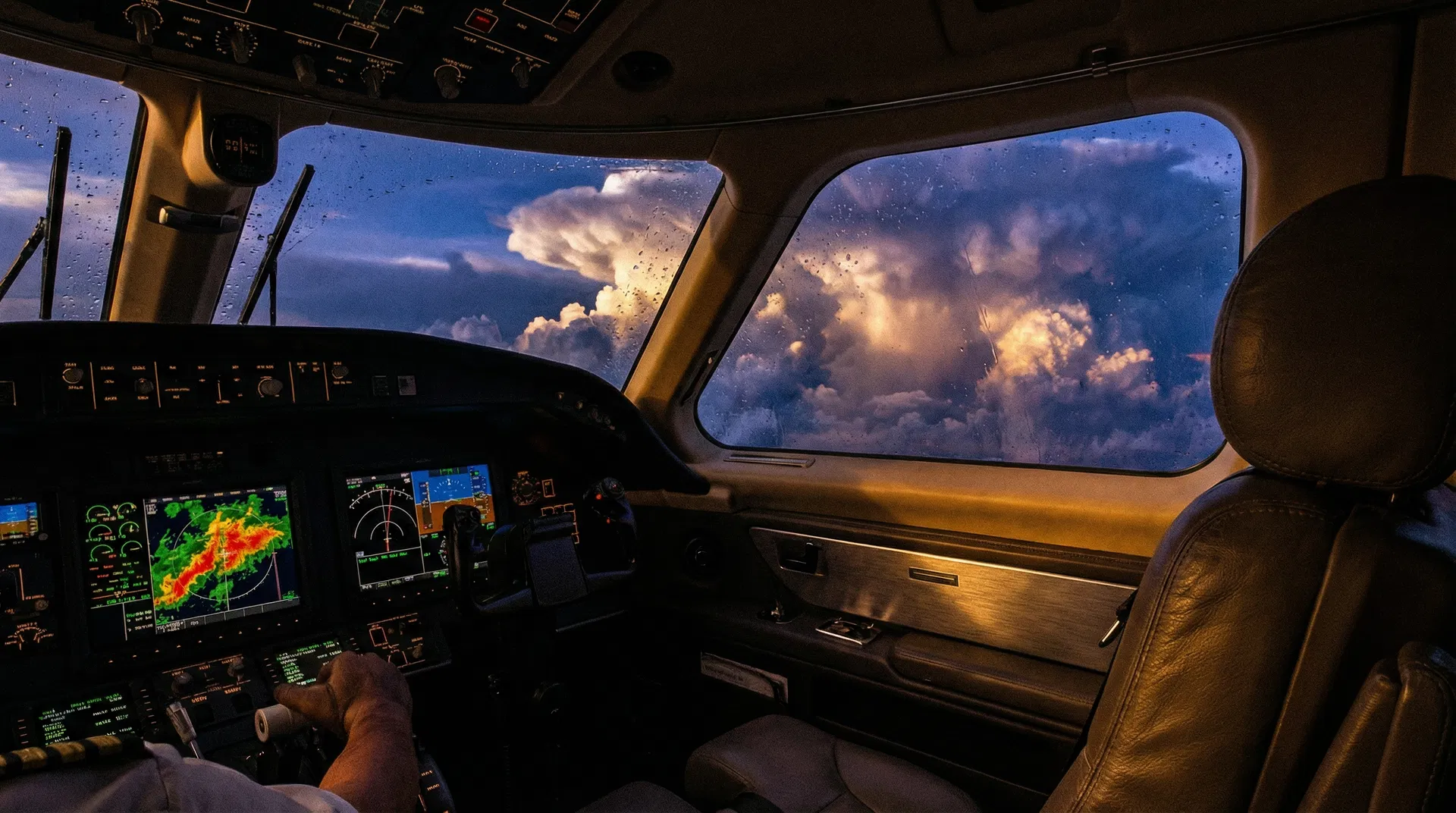 Cockpit de aeronave com instrumentos meteorológicos e nuvens cumulonimbus ao fundo — meteorologia e planejamento de voo
