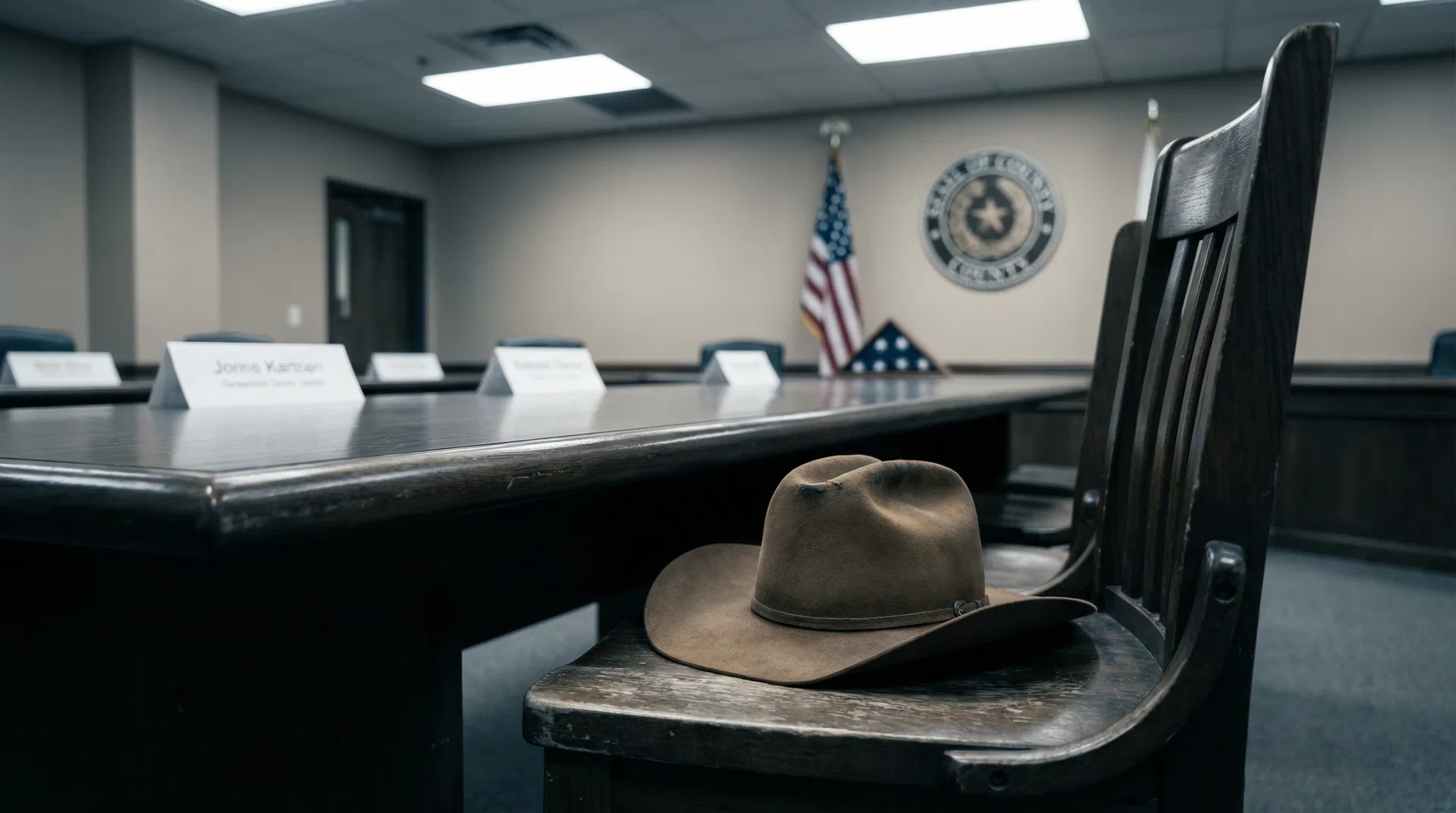 An empty chair at a county commission table with a placard reading County Commissioner Vacant