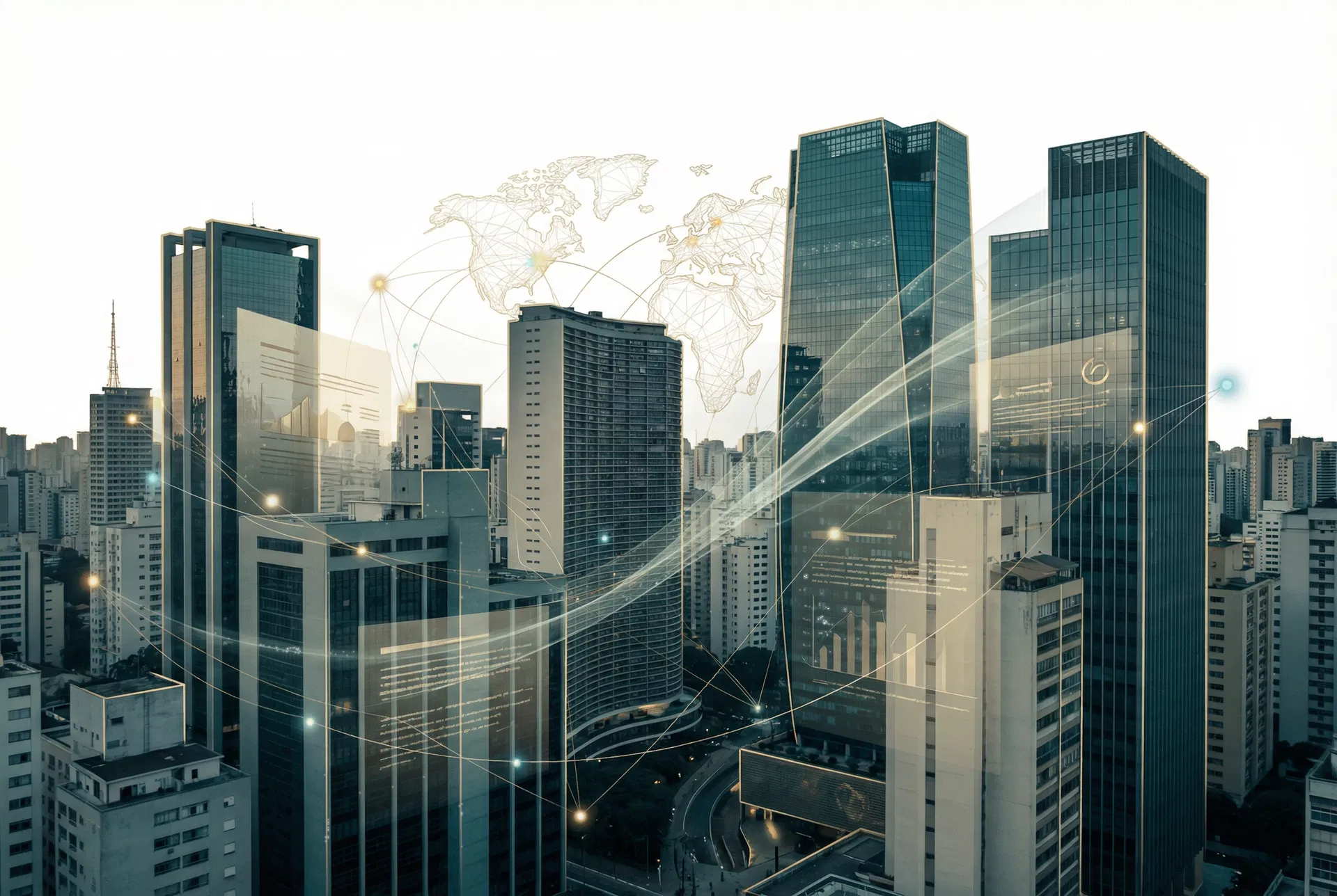 Skyline corporativo de São Paulo com conexões globais