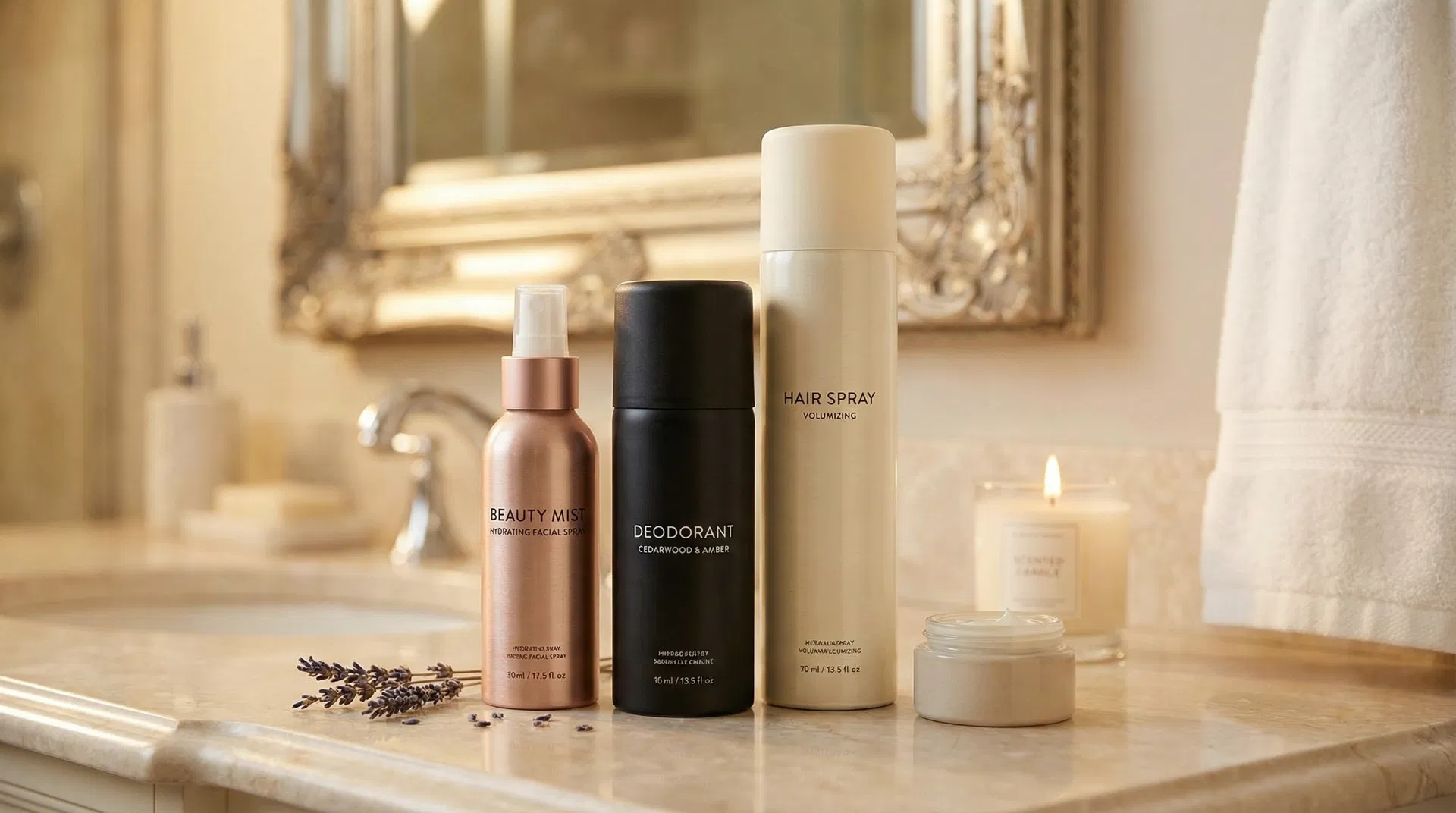 Premium cosmetic aerosol products in luxury bathroom setting