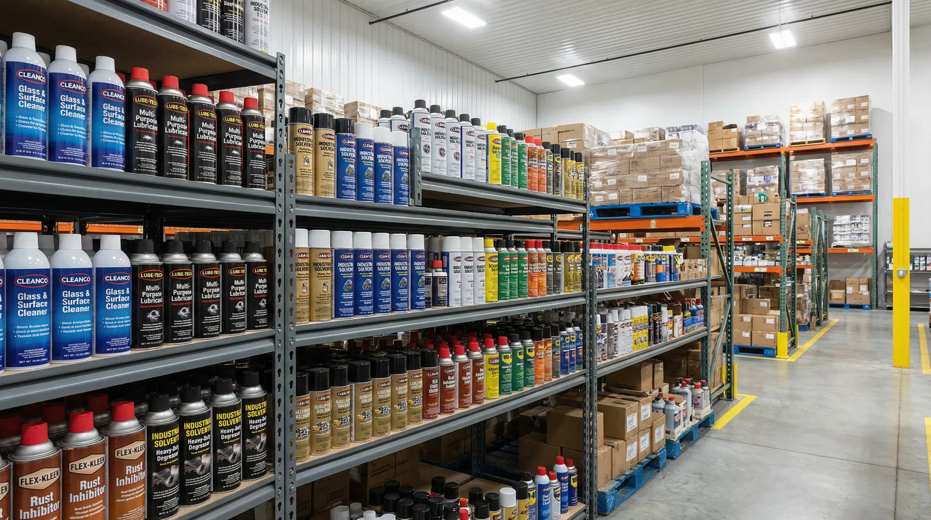 Industrial and household aerosol products on warehouse shelves