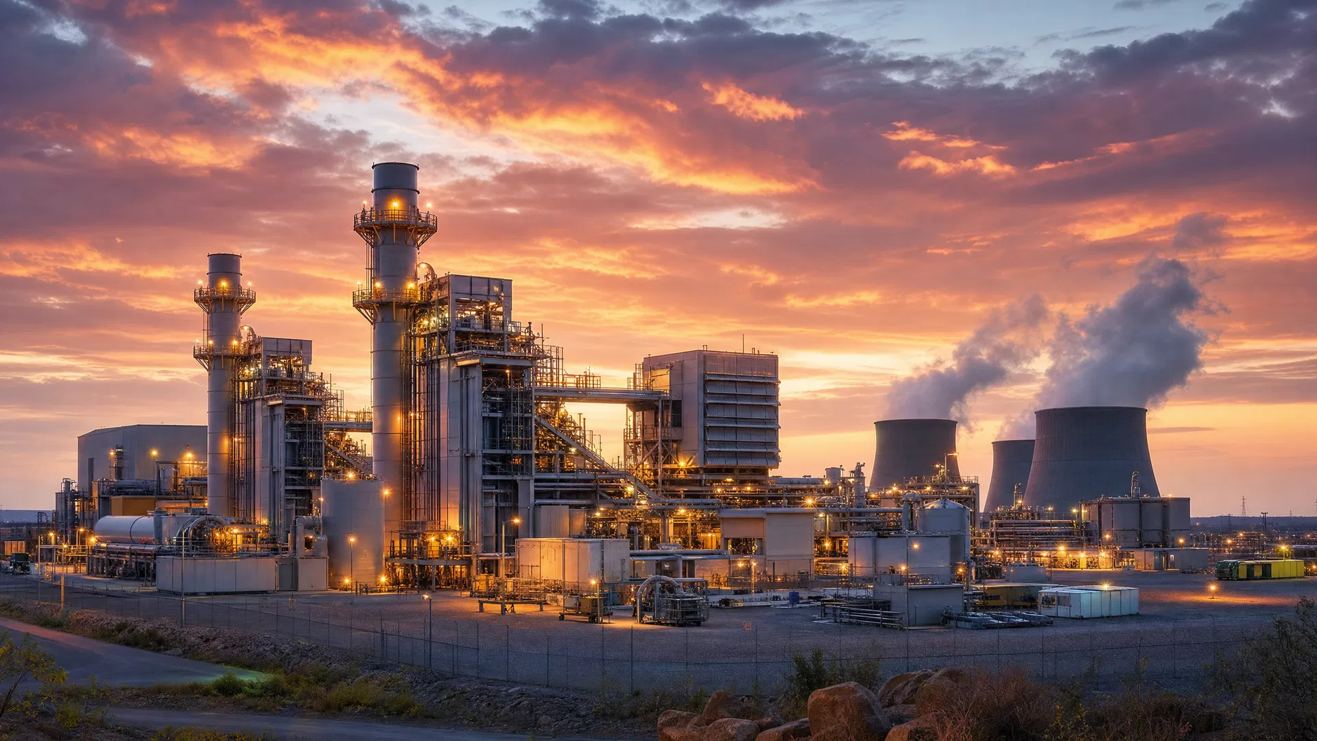 Modern natural gas power plant at dusk
