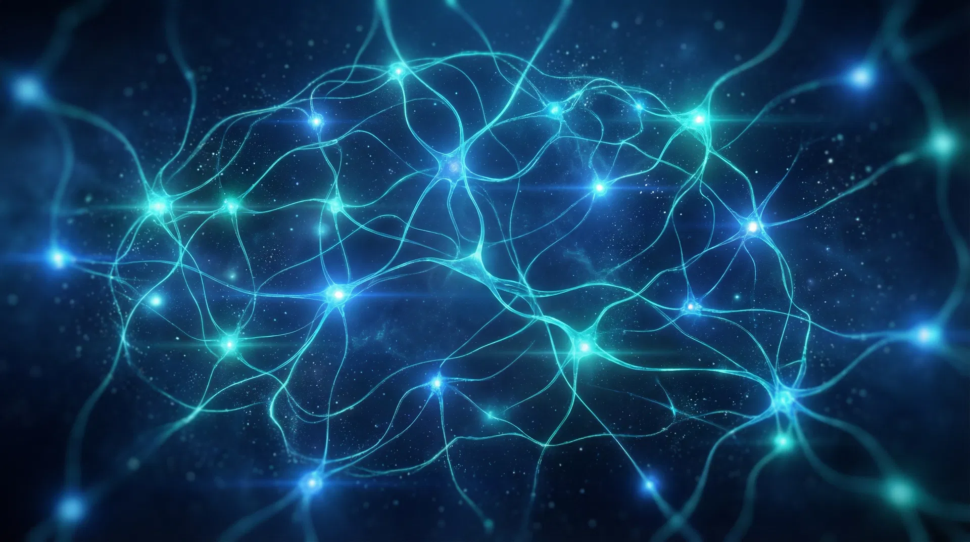 Fundo neural com rede de conexões de IA em tons de azul e ciano