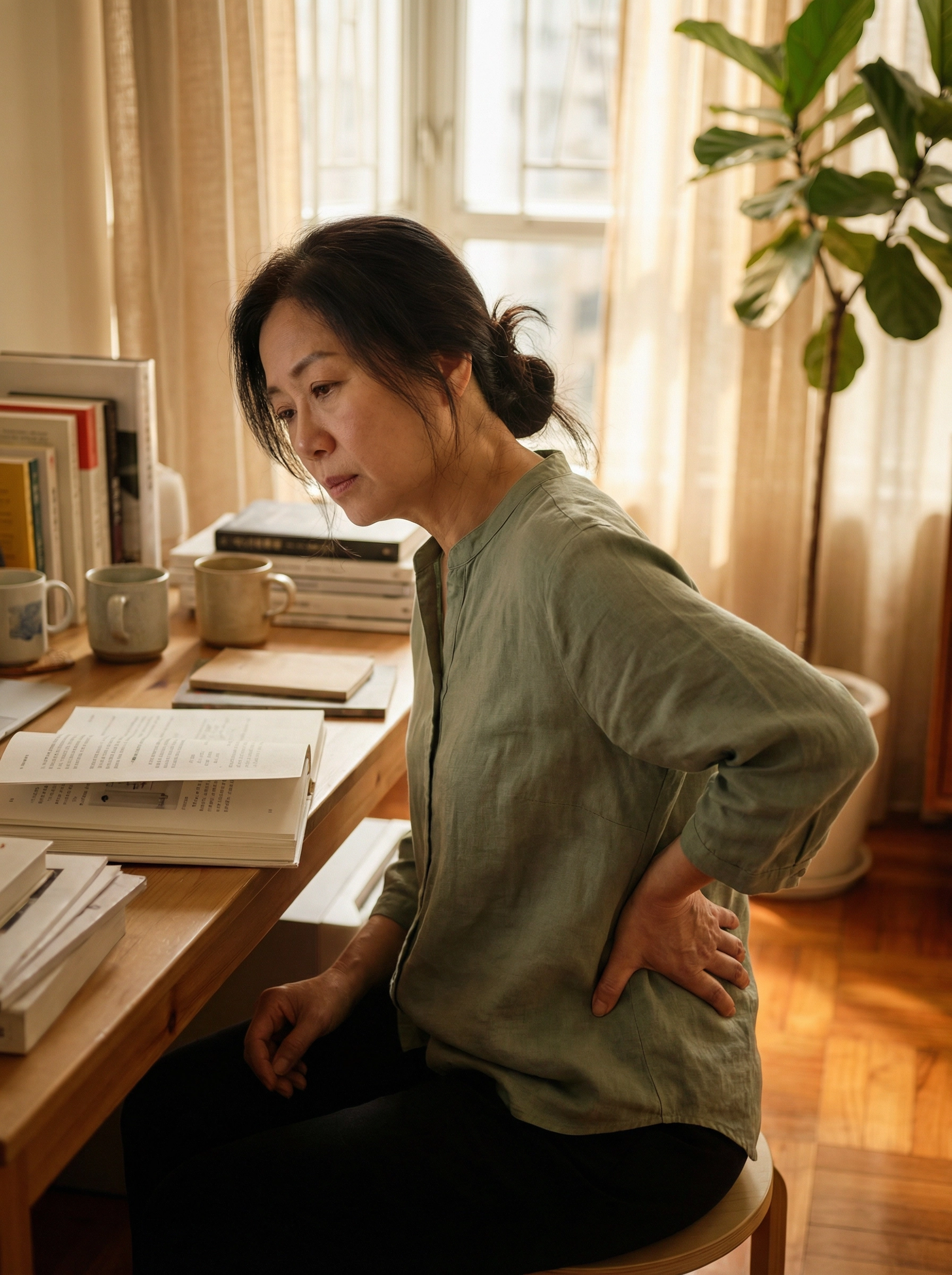 Mature woman experiencing back pain at desk in Hong Kong home