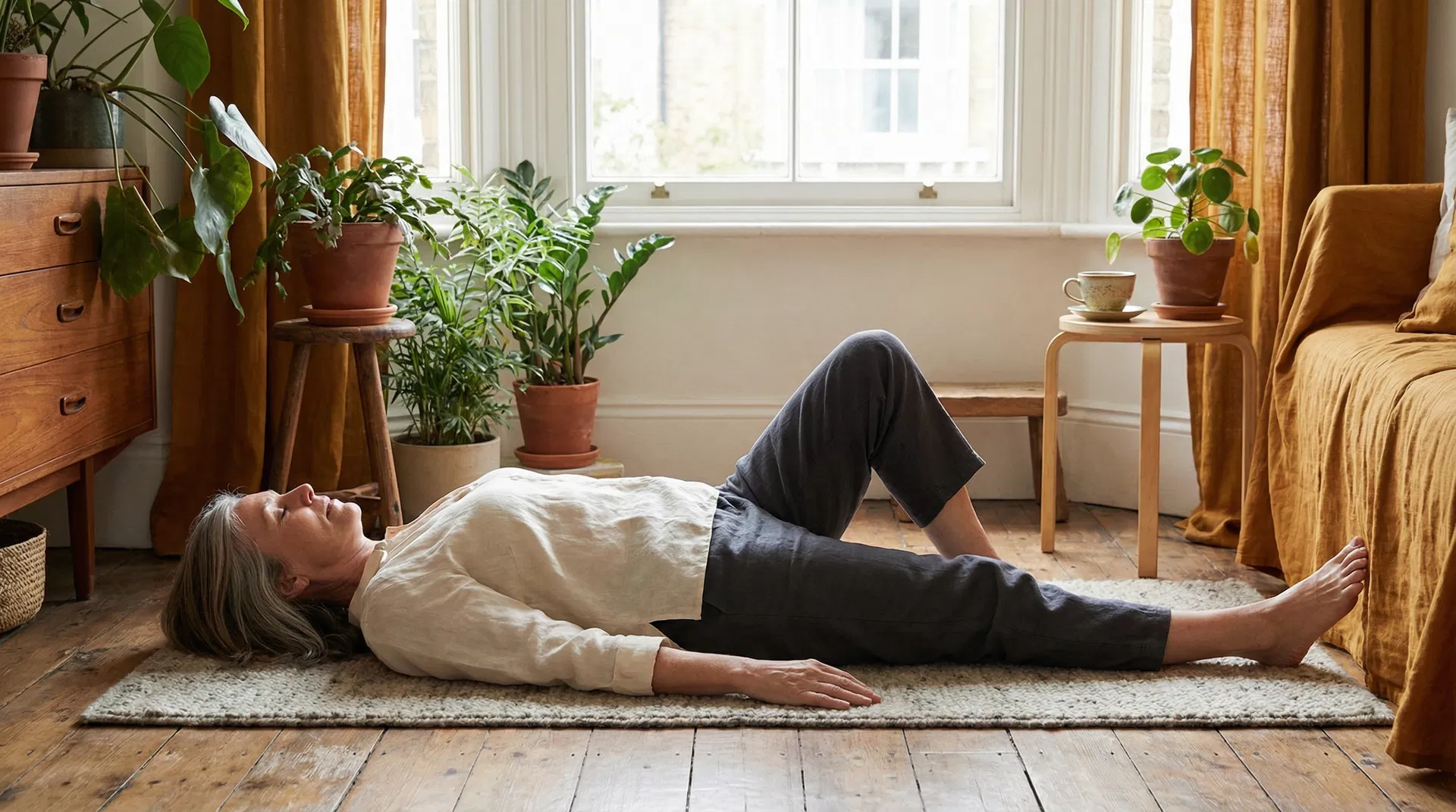 Mat Pilates in a warm, naturally lit room