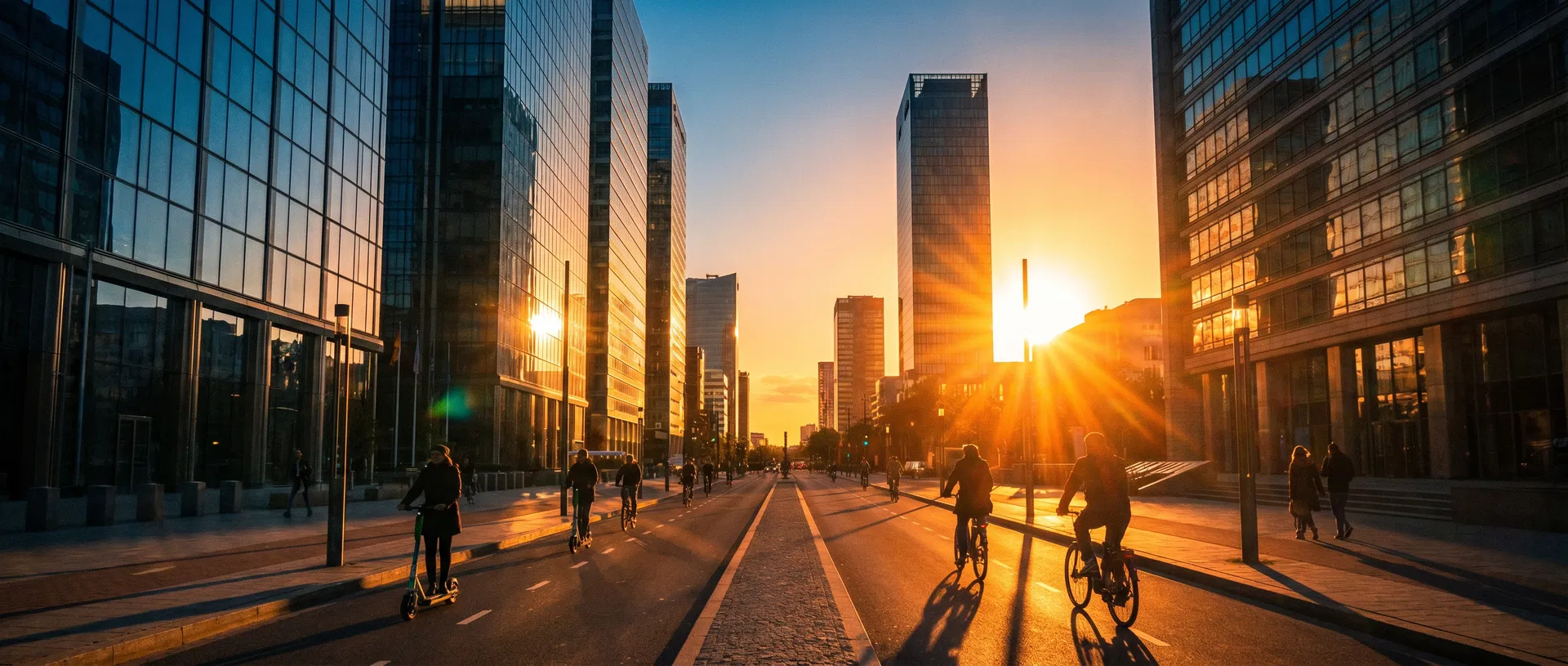 Rua urbana ao entardecer com scooter elétrica Eletro MUV